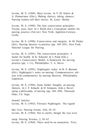 Levine, M. E. (1988). Myra Levine. In T. M. Schorr &
A. Zimmerman (Eds.), Making choices, taking chances:
Nursing leaders tell their stories. St. Louis: Mosby.
Levine, M. E. (1989). The four conservation principles:
Twenty years later. In J. Riehl (Ed.), Conceptual models for
nursing practice (3rd ed.). New York: Appleton-Century-
Crofts.
Levine, M. E. (1990). Conservation and integrity. In M. Parker
(Ed.), Nursing theories in practice (pp. 189–201). New York:
National League for Nursing.
Levine, M. E. (1991). The conservation principles: A
model for health. In K. Schaefer & J. Pond (Eds.),
Levine’s Conservation Model: A framework for nursing
practice (pp. 1–11). Philadelphia: F. A. Davis.
Levine, M. E. (1992). Nightingale redux. In B. S. Barnum
(Ed.), Nightingale’s notes on nursing: Commemorative edi-
tion with commentaries by nursing theorists. Philadelphia:
Lippincott.
Levine, M. E. (1994). Some further thoughts on nursing
rhetoric. In J. F. Kikuchi & H. Simmons (Eds.), Devel-
oping a philosophy of nursing (pp. 104–109). Thousand
Oaks, CA: Sage.
Journal Articles
Levine, M. E. (1963). Florence Nightingale: The legend
that lives. Nursing Forum, 2(4), 24–35.
Levine, M. E. (1964). Not to startle, though the way were
steep. Nursing Science, 2, 58–67.
Levine, M. E. (1964). There need be no anonymity. First,
 