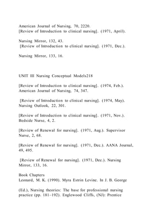 American Journal of Nursing, 70, 2220.
[Review of Introduction to clinical nursing]. (1971, April).
Nursing Mirror, 132, 43.
[Review of Introduction to clinical nursing]. (1971, Dec.).
Nursing Mirror, 133, 16.
UNIT III Nursing Conceptual Models218
[Review of Introduction to clinical nursing]. (1974, Feb.).
American Journal of Nursing, 74, 347.
[Review of Introduction to clinical nursing]. (1974, May).
Nursing Outlook, 22, 301.
[Review of Introduction to clinical nursing]. (1971, Nov.).
Bedside Nurse, 4, 2.
[Review of Renewal for nursing]. (1971, Aug.). Supervisor
Nurse, 2, 68.
[Review of Renewal for nursing]. (1971, Dec.). AANA Journal,
49, 495.
[Review of Renewal for nursing]. (1971, Dec.). Nursing
Mirror, 133, 16.
Book Chapters
Leonard, M. K. (1990). Myra Estrin Levine. In J. B. George
(Ed.), Nursing theories: The base for professional nursing
practice (pp. 181–192). Englewood Cliffs, (NJ): Prentice
 