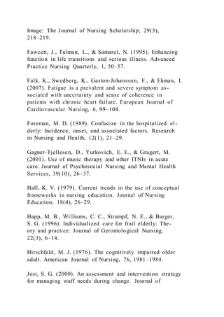 Image: The Journal of Nursing Scholarship, 29(3),
218–219.
Fawcett, J., Tulman, L., & Samarel, N. (1995). Enhancing
function in life transitions and serious illness. Advanced
Practice Nursing Quarterly, 1, 50–57.
Falk, K., Swedberg, K., Gaston-Johansson, F., & Ekman, I.
(2007). Fatigue is a prevalent and severe symptom as-
sociated with uncertainty and sense of coherence in
patients with chronic heart failure. European Journal of
Cardiovascular Nursing, 6, 99–104.
Foreman, M. D. (1989). Confusion in the hospitalized el -
derly: Incidence, onset, and associated factors. Research
in Nursing and Health, 12(1), 21–29.
Gagner-Tjellesen, D., Yurkovich, E. E., & Gragert, M.
(2001). Use of music therapy and other ITNIs in acute
care. Journal of Psychosocial Nursing and Mental Health
Services, 39(10), 26–37.
Hall, K. V. (1979). Current trends in the use of conceptual
frameworks in nursing education. Journal of Nursing
Education, 18(4), 26–29.
Happ, M. B., Williams, C. C., Strumpf, N. E., & Burger,
S. G. (1996). Individualized care for frail elderly: The-
ory and practice. Journal of Gerontological Nursing,
22(3), 6–14.
Hirschfeld, M. J. (1976). The cognitively impaired older
adult. American Journal of Nursing, 76, 1981–1984.
Jost, S. G. (2000). An assessment and intervention strategy
for managing staff needs during change. Journal of
 