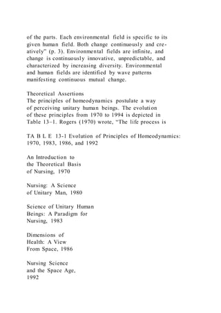 of the parts. Each environmental field is specific to its
given human field. Both change continuously and cre-
atively” (p. 3). Environmental fields are infinite, and
change is continuously innovative, unpredictable, and
characterized by increasing diversity. Environmental
and human fields are identified by wave patterns
manifesting continuous mutual change.
Theoretical Assertions
The principles of homeodynamics postulate a way
of perceiving unitary human beings. The evolution
of these principles from 1970 to 1994 is depicted in
Table 13–1. Rogers (1970) wrote, “The life process is
TA B L E 13-1 Evolution of Principles of Homeodynamics:
1970, 1983, 1986, and 1992
An Introduction to
the Theoretical Basis
of Nursing, 1970
Nursing: A Science
of Unitary Man, 1980
Science of Unitary Human
Beings: A Paradigm for
Nursing, 1983
Dimensions of
Health: A View
From Space, 1986
Nursing Science
and the Space Age,
1992
 