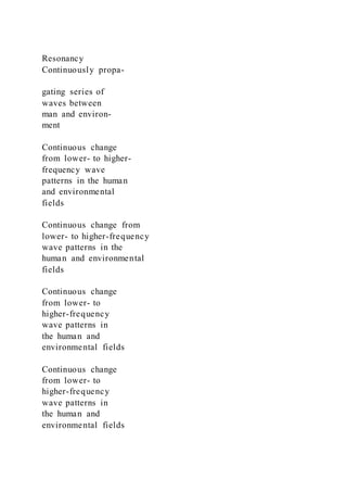 Resonancy
Continuously propa-
gating series of
waves between
man and environ-
ment
Continuous change
from lower- to higher-
frequency wave
patterns in the human
and environmental
fields
Continuous change from
lower- to higher-frequency
wave patterns in the
human and environmental
fields
Continuous change
from lower- to
higher-frequency
wave patterns in
the human and
environmental fields
Continuous change
from lower- to
higher-frequency
wave patterns in
the human and
environmental fields
 