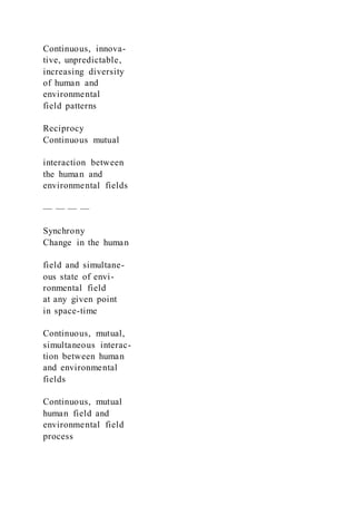 Continuous, innova-
tive, unpredictable,
increasing diversity
of human and
environmental
field patterns
Reciprocy
Continuous mutual
interaction between
the human and
environmental fields
— — — —
Synchrony
Change in the human
field and simultane-
ous state of envi-
ronmental field
at any given point
in space-time
Continuous, mutual,
simultaneous interac-
tion between human
and environmental
fields
Continuous, mutual
human field and
environmental field
process
 