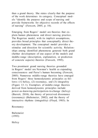 than a grand theory. She states clearly that the purpose
of the work determines its category. Conceptual mod-
els “identify the purpose and scope of nursing and
provide frameworks for objective records of the effects
of nursing” (Fawcett, 2005, p. 18).
Emerging from Rogers’ model are theories that ex-
plain human phenomena and direct nursing practice.
The Rogerian model, with its implicit assumptions,
provides broad principles that conceptually direct the-
ory development. The conceptual model provides a
stimulus and direction for scientific activity. Relation-
ships among identified phenomena generate both grand
(further development of one aspect of the model) and
middle-range (description, explanation, or prediction
of concrete aspects) theories (Fawcett, 1995).
Two prominent grand nursing theories grounded
in Rogers’ model are Newman’s health as expanding
consciousness and Parse’s human becoming (Fawcett,
2005). Numerous middle-range theories have emerged
from Rogers’ three homeodynamic principles as fol-
lows: (1) helicy, (2) resonancy, and (3) integrality
(Figure 13–1). Exemplars of middle-range theories
derived from homeodynamic principles include
power-as-knowing-participation-in-change (helicy)
(Barrett, 2010), the theory of perceived dissonance
(resonancy) (Bultemeier, 2002), and the theory of
interactive rhythms (integrality) (Floyd, 1983). In
Resonancy
Bultemeier
(1993)
Helicy
 