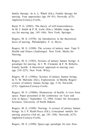 family therapy. In A. L. Whall (Ed.), Family therapy for
nursing. Four approaches (pp. 69–91). Norwalk, (CT):
Appleton-Century-Crofts.
Reed, P. G. (2003). The theory of self-transcendence.
In M. J. Smith & P. R. Liehr (Eds.), Middle range the-
ory for nursing (pp. 145–166). New York: Springer.
Rogers, M. E. (1970). An introduction to the theoretical
basis of nursing. Philadelphia: F. A. Davis.
Rogers, M. E. (1980). The science of unitary man. Tape V:
Health and illness (Audiotape). New York: Media for
Nursing.
Rogers, M. E. (1983). Science of unitary human beings: A
paradigm for nursing. In I. W. Clements & F. B. Roberts,
Family health: A theoretical approach to nursing care
(pp. 219–227). New York: Wiley.
Rogers, M. E. (1986a). Science of unitary human beings.
In V. M. Malinski (Ed.), Explorations in Martha Rogers’
science of unitary human beings (pp. 3–8). Norwalk,
(CT): Appleton-Century-Crofts.
Rogers, M. E. (1986b). Dimensions of health: A view from
space. Paper presented at the conference on “Law and
Life in Space,” September 12, 1986. Center for Aerospace
Sciences, University of North Dakota.
Rogers, M. E. (1989). Nursing: A science of unitary human
beings. In J. P. Riehl-Sisca (Ed.), Conceptual models for
nursing practice (3rd ed., pp. 181–188). Norwalk, (CT):
Appleton-Century-Crofts.
Rogers, M. E. (1990). Space-age paradigm for new fron-
 