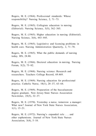 Rogers, M. E. (1964). Professional standards: Whose
responsibility? Nursing Science, 2, 71–73.
Rogers, M. E. (1965). Collegiate education in nursing
(Editorial). Nursing Science, 3(5), 362–365.
Rogers, M. E. (1965). Higher education in nursing (Editorial).
Nursing Science, 3(6), 443–445.
Rogers, M. E. (1965). Legislative and licensing problems in
health care. Nursing Administration Quarterly, 2, 71–78.
Rogers, M. E. (1965). What the public demands of nursing
today. RN, 28.80.
Rogers, M. E. (1966). Doctoral education in nursing. Nursing
Forum, 5(2), 75–82.
Rogers, M. E. (1968). Nursing science: Research and
researchers. Teachers College Record, 69.469.
Rogers, M. E. (1969). Nursing education for professional
practice. Catholic Nurse, 18(1), 28–37, 63–64.
Rogers, M. E. (1969). Preparation of the baccalaureate
degree graduate. New Jersey State Nurses Association
Newsletter, 25(5), 32–37.
Rogers, M. E. (1970). Yesterday a nurse, tomorrow a manager:
What now? Journal of New York State Nurses Association,
1(1), 15–21.
Rogers, M. E. (1972). Nursing’s expanded role . . . and
other euphemisms. Journal of New York State Nurses
Association, 3(4), 5–10.
 