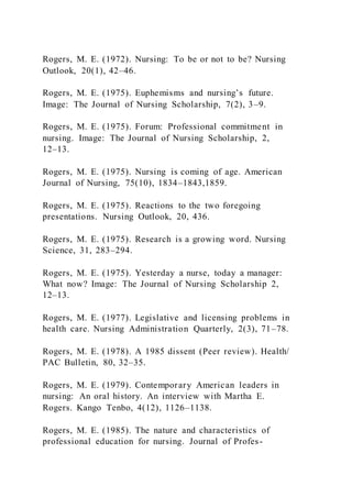Rogers, M. E. (1972). Nursing: To be or not to be? Nursing
Outlook, 20(1), 42–46.
Rogers, M. E. (1975). Euphemisms and nursing’s future.
Image: The Journal of Nursing Scholarship, 7(2), 3–9.
Rogers, M. E. (1975). Forum: Professional commitment in
nursing. Image: The Journal of Nursing Scholarship, 2,
12–13.
Rogers, M. E. (1975). Nursing is coming of age. American
Journal of Nursing, 75(10), 1834–1843,1859.
Rogers, M. E. (1975). Reactions to the two foregoing
presentations. Nursing Outlook, 20, 436.
Rogers, M. E. (1975). Research is a growing word. Nursing
Science, 31, 283–294.
Rogers, M. E. (1975). Yesterday a nurse, today a manager:
What now? Image: The Journal of Nursing Scholarship 2,
12–13.
Rogers, M. E. (1977). Legislative and licensing problems in
health care. Nursing Administration Quarterly, 2(3), 71–78.
Rogers, M. E. (1978). A 1985 dissent (Peer review). Health/
PAC Bulletin, 80, 32–35.
Rogers, M. E. (1979). Contemporary American leaders in
nursing: An oral history. An interview with Martha E.
Rogers. Kango Tenbo, 4(12), 1126–1138.
Rogers, M. E. (1985). The nature and characteristics of
professional education for nursing. Journal of Profes-
 