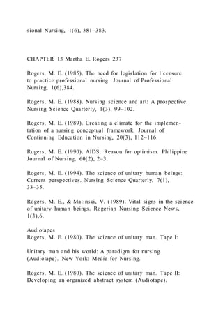 sional Nursing, 1(6), 381–383.
CHAPTER 13 Martha E. Rogers 237
Rogers, M. E. (1985). The need for legislation for licensure
to practice professional nursing. Journal of Professional
Nursing, 1(6),384.
Rogers, M. E. (1988). Nursing science and art: A prospective.
Nursing Science Quarterly, 1(3), 99–102.
Rogers, M. E. (1989). Creating a climate for the implemen-
tation of a nursing conceptual framework. Journal of
Continuing Education in Nursing, 20(3), 112–116.
Rogers, M. E. (1990). AIDS: Reason for optimism. Philippine
Journal of Nursing, 60(2), 2–3.
Rogers, M. E. (1994). The science of unitary human beings:
Current perspectives. Nursing Science Quarterly, 7(1),
33–35.
Rogers, M. E., & Malinski, V. (1989). Vital signs in the science
of unitary human beings. Rogerian Nursing Science News,
1(3),6.
Audiotapes
Rogers, M. E. (1980). The science of unitary man. Tape I:
Unitary man and his world: A paradigm for nursing
(Audiotape). New York: Media for Nursing.
Rogers, M. E. (1980). The science of unitary man. Tape II:
Developing an organized abstract system (Audiotape).
 
