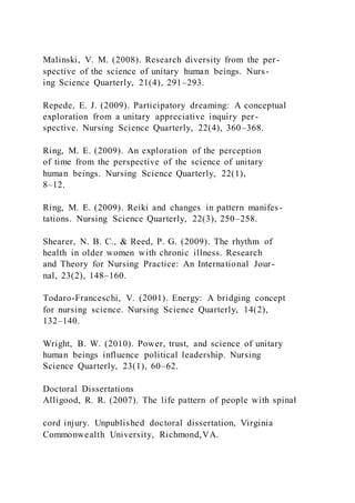 Malinski, V. M. (2008). Research diversity from the per-
spective of the science of unitary human beings. Nurs-
ing Science Quarterly, 21(4), 291–293.
Repede, E. J. (2009). Participatory dreaming: A conceptual
exploration from a unitary appreciative inquiry per-
spective. Nursing Science Quarterly, 22(4), 360–368.
Ring, M. E. (2009). An exploration of the perception
of time from the perspective of the science of unitary
human beings. Nursing Science Quarterly, 22(1),
8–12.
Ring, M. E. (2009). Reiki and changes in pattern manifes-
tations. Nursing Science Quarterly, 22(3), 250–258.
Shearer, N. B. C., & Reed, P. G. (2009). The rhythm of
health in older women with chronic illness. Research
and Theory for Nursing Practice: An International Jour-
nal, 23(2), 148–160.
Todaro-Franceschi, V. (2001). Energy: A bridging concept
for nursing science. Nursing Science Quarterly, 14(2),
132–140.
Wright, B. W. (2010). Power, trust, and science of unitary
human beings influence political leadership. Nursing
Science Quarterly, 23(1), 60–62.
Doctoral Dissertations
Alligood, R. R. (2007). The life pattern of people with spinal
cord injury. Unpublished doctoral dissertation, Virginia
Commonwealth University, Richmond,VA.
 