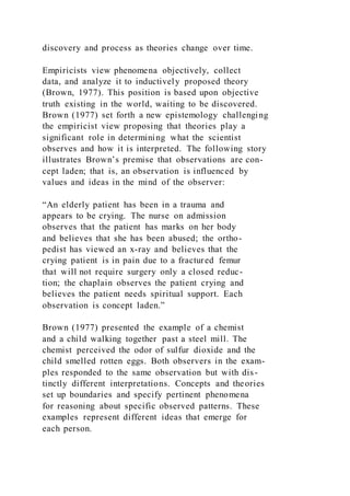 discovery and process as theories change over time.
Empiricists view phenomena objectively, collect
data, and analyze it to inductively proposed theory
(Brown, 1977). This position is based upon objective
truth existing in the world, waiting to be discovered.
Brown (1977) set forth a new epistemology challenging
the empiricist view proposing that theories play a
significant role in determining what the scientist
observes and how it is interpreted. The following story
illustrates Brown’s premise that observations are con-
cept laden; that is, an observation is influenced by
values and ideas in the mind of the observer:
“An elderly patient has been in a trauma and
appears to be crying. The nurse on admission
observes that the patient has marks on her body
and believes that she has been abused; the ortho-
pedist has viewed an x-ray and believes that the
crying patient is in pain due to a fractured femur
that will not require surgery only a closed reduc-
tion; the chaplain observes the patient crying and
believes the patient needs spiritual support. Each
observation is concept laden.”
Brown (1977) presented the example of a chemist
and a child walking together past a steel mill. The
chemist perceived the odor of sulfur dioxide and the
child smelled rotten eggs. Both observers in the exam-
ples responded to the same observation but with dis-
tinctly different interpretations. Concepts and theories
set up boundaries and specify pertinent phenomena
for reasoning about specific observed patterns. These
examples represent different ideas that emerge for
each person.
 