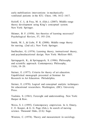 early mobilization interventions in mechanically
ventilated patients in the ICU. Chest, 140, 1612–1617.
Sieloff, C. L. & Frey, M. A. (Eds.). (2007). Middle range
theory development using King’s conceptual system.
New York: Springer.
Skinner, B. F. (1950). Are theories of learning necessary?
Psychological Review, 57, 193–216.
Smith, M. J., & Liehr, P. R. (2008). Middle range theory
for nursing. (2nd ed.). New York: Springer.
Snelbecker, G. (1974). Learning theory, instructional theory,
and psychoeducational design. New York: McGraw-Hill.
Springagesh, K., & Springagesh, S. (1986). Philosophy
and scientific approach. Contemporary Philosophy,
11(6), 18–20.
Steiner, E. (1977). Criteria for theory of art education.
Unpublished monograph presented at Seminar for
Research in Art Education. Philadelphia.
Steiner, E. (1978). Logical and conceptual analytic techniques
for educational researchers. Washington, (DC): University
Press.
Toulmin, S. (1961). Foresight and understanding. New York:
Harper & Row.
Weiss, S. J. (1995). Contemporary empiricism. In A. Omery,
C. E. Kasper, & G. G. Page (Eds.), In search of nursing
science. Thousand Oaks, (CA): Sage.
Winston, C. (1974). Theory and measurement in sociology.
 