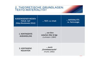 2. THEORETISCHE GRUNDLAGEN:
TEXTO-MATERIALITÄT
AUSGEWOGENER MEDIENFOKUS AUF
(Siles/Boczkowksi 2012)

… TEXT, i.e. Inhalt

1. KONTINGENTE
AUSHANDLUNG

… von Sinn
zwischen Alter & Ego
(Luhmann 1984)

2. KONTINGENZREDUKTION

... durch
„Einheitssemantik“
(Fuchs 1992)

12

FACHHOCHSCHULE FÜR MANAGEMENT & KOMMUNIKATION

… MATERIALITÄT,
i.e. Technologie

 