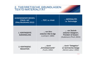2. THEORETISCHE GRUNDLAGEN:
TEXTO-MATERIALITÄT
AUSGEWOGENER MEDIENFOKUS AUF
(Siles/Boczkowksi 2012)

… TEXT, i.e. Inhalt

… MATERIALITÄT,
i.e. Technologie

1. KONTINGENTE
AUSHANDLUNG

… von Sinn
zwischen Alter & Ego
(Luhmann 1984)

… von Technik
zwischen Designern,
Providern & Nutzern
(Oudshoorn/Pinch 2003)

2. KONTINGENZREDUKTION

... durch
„Einheitssemantik“
(Fuchs 1992)

... durch “Delegation“
an technisches Design
(Akrich/Latour 1992)

13

FACHHOCHSCHULE FÜR MANAGEMENT & KOMMUNIKATION

 