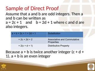 Sample of Direct Proof
Assume that a and b are odd integers. Then a
and b can be written as
a = 2c + 1 and b = 2d + 1 where c and d are
also integers.
Because a + b is twice another integer (c + d +
1), a + b is an even integer
a + b = 2c + 1 + 2d + 1 Substitution
= 2c + 2d + 2 Associative and Commutative
Properties
= 2(c + d + 1) Distributive Property
 