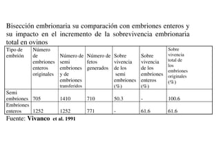Sobrevivencia embrionaria de mitades embrionarias resultado
Bisección embrionaria su comparación con embriones enteros y
su impacto en el incremento de la sobrevivencia embrionaria
total en ovinos
Tipo de
embrión

Número
de
embriones
enteros
originales

Número de Número de
semi
fetos
embriones generados
y de
embriones
transferidos

Semi
embriones 705
Embriones
enteros
1252

1410

710

Sobre
vivencia
total de
los
embriones
originales

Sobre
vivencia
de los
semi
embriones
(%)

Sobre
vivencia
de los
embriones
enteros
(%)
(%)

50.3

-

100.6

61.6

61.6

1252
771
Vivanco, et al. 1991Theriogenology

Fuente:
35 (1): 292.
; LYNCH, P. and A. RHODES. 1991. Large scale commercial
application of bisection of sheep embryos. Theriogenology 35 (1):
292.

 