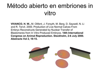 Método abierto en embriones in
vitro
VIVANCO, H. W., M. Olifent, J. Forsyth, M. Berg, D. Saywell, N. Li
and R. Tervit. 2000. Production of Live Normal Calves From
Embryo Reconstructs Generated by Nuclear Transfer of
Blastomeres from In Vitro Produced Embryos. 14th International
Congress on Animal Reproduction. Stockholm, 2-6 July 2000.
Abstracts Vol 2, 19:15.

 