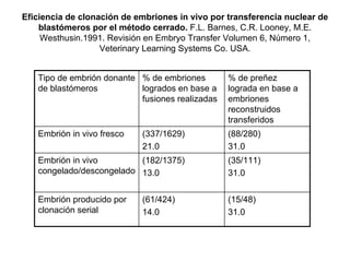 Eficiencia de clonación de embriones in vivo por transferencia nuclear de
blastómeros por el método cerrado. F.L. Barnes, C.R. Looney, M.E.
Westhusin.1991. Revisión en Embryo Transfer Volumen 6, Número 1,
Veterinary Learning Systems Co. USA.
Tipo de embrión donante % de embriones
de blastómeros
logrados en base a
fusiones realizadas

% de preñez
lograda en base a
embriones
reconstruidos
transferidos

Embrión in vivo fresco

(337/1629)
21.0

(88/280)
31.0

Embrión in vivo
(182/1375)
congelado/descongelado 13.0

(35/111)
31.0

Embrión producido por
clonación serial

(15/48)
31.0

(61/424)
14.0

 
