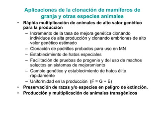 Aplicaciones de la clonación de mamíferos de
granja y otras especies animales
•

•
•

Rápida multiplicación de animales de alto valor genético
para la producción
– Incremento de la tasa de mejora genética clonando
individuos de alta producción y clonando embriones de alto
valor genético estimado
– Clonación de padrillos probados para uso en MN
– Establecimiento de hatos especiales
– Facilitación de pruebas de progenie y del uso de machos
selectos en sistemas de mejoramiento
– Cambio genético y establecimiento de hatos élite
rápidamente
– Uniformidad en la producción (F = G + E)
Preservación de razas y/o especies en peligro de extinción.
Producción y multiplicación de animales transgénicos

 