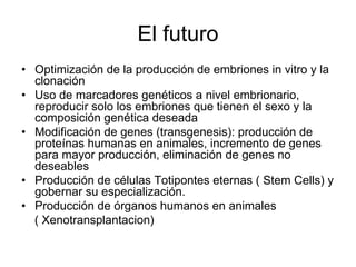 El futuro
• Optimización de la producción de embriones in vitro y la
clonación
• Uso de marcadores genéticos a nivel embrionario,
reproducir solo los embriones que tienen el sexo y la
composición genética deseada
• Modificación de genes (transgenesis): producción de
proteínas humanas en animales, incremento de genes
para mayor producción, eliminación de genes no
deseables
• Producción de células Totipontes eternas ( Stem Cells) y
gobernar su especialización.
• Producción de órganos humanos en animales
( Xenotransplantacion)

 