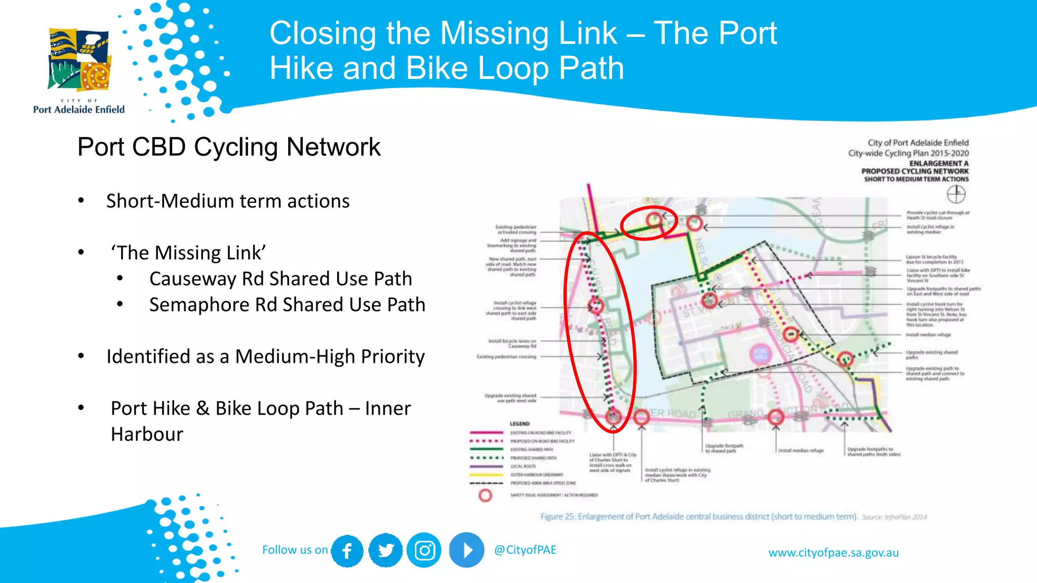 www.cityofpae.sa.gov.auFollow us on @CityofPAE
Closing the Missing Link – The Port
Hike and Bike Loop Path
Port CBD Cycling Network
• Short-Medium term actions
• ‘The Missing Link’
• Causeway Rd Shared Use Path
• Semaphore Rd Shared Use Path
• Identified as a Medium-High Priority
• Port Hike & Bike Loop Path – Inner
Harbour
 
