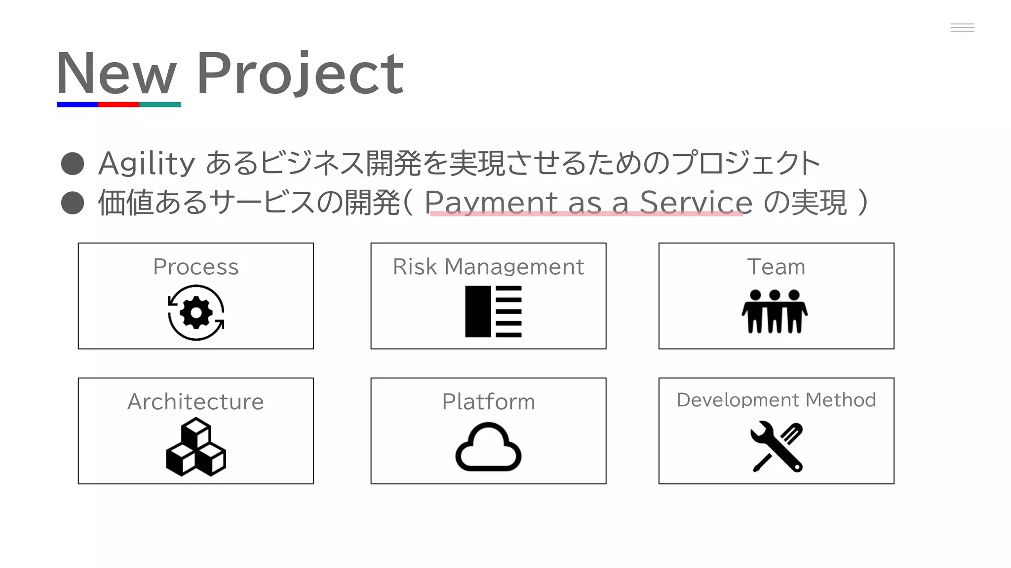 New Project
● Agility あるビジネス開発を実現させるためのプロジェクト
● 価値あるサービスの開発（ Payment as a Service の実現 ）
Process
Architecture
Risk Management
Platform
Team
Development Method
 