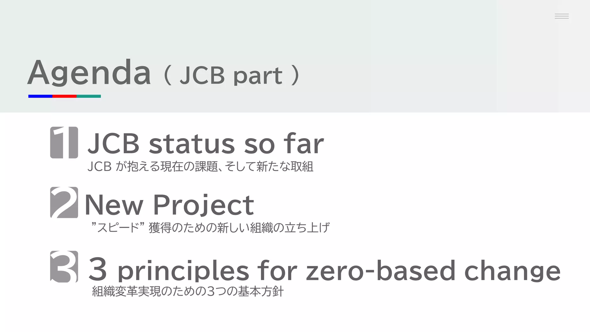 Agenda ( JCB part )
JCB status so far
2
1
3
JCB が抱える現在の課題、そして新たな取組
New Project
”スピード" 獲得のための新しい組織の立ち上げ
3 principles for zero-based change
組織変革実現のための３つの基本方針
 