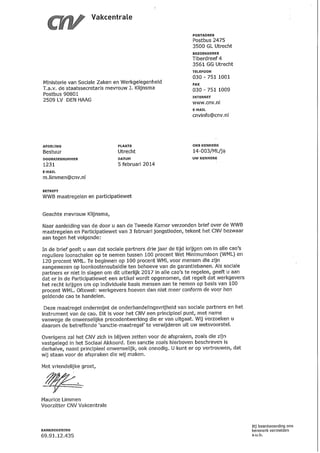 Brief aan staatssecretaris Klijnsma over Wetsvoorstel Bijstand en Participatiewet 