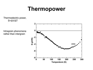 Thermopower
Thermoelectric power,
    S=ΔV/ΔT



Intragrain phenomena
rather than intergrain
 