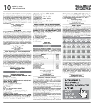 bros do Conselho de Escola e demais pessoas da comunidade
para Assembleia Geral a ser realizada aos dezenove dias do mês
de janeiro de dois mil e dezesseis, às quinze horas em primeira e
única chamada, em uma das dependências desta Unidade Esco-
lar, situada a Rua D. Pedro I nº 340 – Jardim Tejereba – Guarujá/
SP, para tratar dos seguintes assuntos: Prestação de Contas do
Convênio APM/PMG, Recursos Próprios, demais verbas oriundas
do Governo Federal (PDDE/PDE/FNDE) do ano dois mil e quinze
e outros assuntos.
Guarujá, 11 de janeiro de 2016
Bahjat El Zoghbi
Diretor de Unidade Escolar
Pron. nº 5818
EDITAL – A.P.M.
A Direção da E.M. Profª Dirce Valério Gracia serve-se do presen-
te edital para convocar pais, professores, alunos, funcionários,
membros da Associação de Pais e Mestres e demais pessoas da
comunidade para Assembleia Geral a ser realizada aos dezenove
dias do mês de janeiro de dois mil e dezesseis, às quinze horas em
primeira chamada e às quinze horas e trinta minutos em segunda
chamada, em uma das dependências desta Unidade Escolar,
situada a Rua D. Pedro I nº 340 – Jardim Tejereba – Guarujá/SP,
para tratar dos seguintes assuntos: Prestação de Contas do Con-
vênio APM/PMG, Recursos Próprios, demais verbas oriundas do
Governo Federal (PDDE/PDE/FNDE) do ano dois mil e quinze e
outros assuntos.
Guarujá, 11 de janeiro de 2016
Bahjat El Zoghbi
Diretor de Unidade Escolar
Pron. nº 5818
EDITAL DE CONVOCAÇÃO – AGRICULTURA FAMILIAR
APresidentedaComissãoPermanentedestinadaaodirecionamen-
to e implementação dos trabalhos para realização da“Chamada
Pública”visando à aquisição de gêneros alimentícios, através da
agricultura familiar, voltados à alimentação escolar dos alunos
da Educação Básica conforme Decreto nº. 9.154 de 23 de Dezem-
bro de 2.010, publicado no D.O.M. de 31 de dezembro de 2.010,
convoca seus membros para reunião, no dia dezenove de janeiro
do corrente ano às dez horas, na Coordenadoria de Merenda
(SEDUC), situada à Av. Santos Dumont nº. 640 – 1º andar (Sala de
Multimídia) Santo Antônio – Guarujá/SP, para leitura e aprovação
da ata da última reunião e realização das ações para próximas
Chamadas Públicas de 2016.
Guarujá, 11 de Janeiro de 2016.
Regina Célia de Oliveira Lopes
Presidente
SAÚDE
Comunicado de deferimento
Referente A: LTA (Laudo Técnico de Avaliação) nº 001-
00026569/2015
Nº do Protocolo: 26569/2015
Data do Protocolo: 09/11/2015
Razão Social: INSTITUTO BENEFICENTE DE MEDICINA INTE-
GRADA – HOSPITAL GUARUJÁ
CNPJ/CPF: 23.179.954/0001-09
Endereço: Av. SANTOS DUMONT, Nº 3.651
Município: GUARUJÁ
CEP: 11.430-005
UF: SP
Resp. Legal: EMERSON FABRIZIO BIGNARDI	
CPF: 178.573.378-89
Resp. Técnico pelo Projeto: DANIEL CALIARDI POLLARA
CPF:268.966.458-57
Conselho Prof.: CAU Nº A31056-6
O Chefe da Divisão deVigilância Sanitária – Divisa 2, DEFERE,
em 29/12/2015, o LTA do Projeto para adequação física em
edificação existente para implantação do Hospital Geral.
Responsáveis Técnicos pela Avaliação do Projeto:
Lydia Maria de Araújo Lima – COREN – SP 20842
CPF: 052.098.588-55
Elias Carlos Daccache – CAU – SP A7323-7
CPF: 034.566.498-19
Lia Keiko Watanabe – COREN – SP 29015
CPF: 050.025.378-12
Irene Maria Teixeira Campos – CRN – SP 2661
CPF: 032.847.548-30
Edital de Convocação Nº. 01/16 – Reunião ORDINÁRIA
O Conselho Municipal de Saúde, disposto pela Lei Federal nº.
8.142/90 nos termos da Lei Municipal nº. 3848, de 09 de setem-
bro de 2010, no uso de suas atribuições legais, convoca todos
os conselheiros, suplentes e população em geral, para Reunião
ORDINÁRIAa ser realizada no dia14dejaneirode2016, na sede
deste Conselho, sito a Av. Leomil n° 518, – Centro, às dezesseis
horas, para deliberar sobre a seguinte pauta:
I – Eleição da Presidência;
II – Aprovação da Ata Anterior;
III – Informes dos Conselheiros;
IV – USAFA Boa Esperança;
V – Termos Aditivos 02/14, 02/10 e 03/10;
VI – Sugestões de Pauta;
VII – Encerramento.
Robson Gady
Presidente Interino
FINANÇAS
Edital 03/2016 – Secretaria de Finanças – Ficam cientificados os
contribuintes para comparecimento junto à Diretoria de Gestão
de Atividades Econômicas (SEFIN-TRIB 2), avenida Santos Dumont
640, térreo, Guarujá/SP, no prazo de 30 (trinta) dias, para fins de
ciência e providências quanto a assuntos de seu interesse.
Razão Social Processo
Márcio Duarte Guimaraes 24617/15
Gonçalo Alves Conceição Filho 33991/15
PGV Transportes e Serviços Ltda 19102/15
L.L. Espaço Convivência Integrada Ltda EPP 32454/10
Robson Lemes Santos 19818/09
Habitat Aquarios Ltda Me 23792/15
Renata Luciana dos Santos Lima 12670/15
PGV Transportes e Serviços Ltda 28025/15
Ledo & Alves Guinchos Ltda ME 25847/15
Patrice dos Santos Martins 23106/15
Luiz Carlos Gonçalves 6498/11
Vinícius Alves da Silva 25365/13
Movplan Moveis Planejados Ltda 26195/15
Guarujá, 08 de janeiro de 2016.
Maristela Castilho
Diretora de Gestão Tributária
Armando Palmieri
Secretário Municipal de Finanças
COMUNICADO – FINANÇAS Nº 005/2016
Considerando o disposto no caput do artigo 5º da Lei Federal nº
8.666/93 que dispõe sobre a obrigatoriedade de obediência, para
cada fonte diferenciada de recursos, a estrita ordem cronológica
das datas de suas exigibilidades;
Considerando o acatamento ao Princípio Constitucional da Con-
tinuidade nos Serviços Públicos no que se diz respeito ao forne-
cimento de bens e prestação de serviços essenciais a população,
ou seja, os indispensáveis a coletividade;
Considerando que o motivo trazido pela respectiva Secretaria de
Finanças reveste-se de justificativa para proceder-se a alteração a
Ordem Cronológica de Pagamentos (OCP), face à relevância dos
fornecimentos e/ou serviços prestados;
Considerando uma possível suspensão dos serviços e fornecimen-
tos realizados pelas empresas destacadas abaixo, em relevância
ao artigo 78º XV da lei já citada.
A Secretaria de Finanças comunica, na forma do que preceitua a
legislação em vigor, autoriza a quebra de cronologia para o paga-
mento àTerracom Construções Ltda., no valor de R$ 1.480.000,00,
referente as notas fiscais 4749 (final), 5247 e 5466 (parcial), pro-
cessos administrativos 38848/14, 38849/14 e 7523/15 e àTrilogic
Tecnologia Ltda., no valor de 13.683,94, referente as notas fiscais
611 e 640, processo administrativo 35828/15 e PC 3865/15.
Guarujá, 13 de janeiro de 2016.
Franklin Santana Júnior
Diretor de Execução e Controle Financeiro
Armando Palmieri
Secretário Municipal de Finanças
EDITAL N.º 80/2015
Façopúblicoqueestãosendoexpedidososavisosparapagamento
do IMPOSTO PREDIAL E TERRITORIAL URBANO E TAXAS DE
REMOÇÃO DE LIXO referente à EMISSÃO NORMAL 2016 em 12
(doze) parcelas, cujos vencimentos serão conforme tabela abaixo.
Os contribuintes que eventualmente não receberem seus avisos
antes dos vencimentos da COTA ÚNICA ou 1.ª primeira parcela,
poderão emitir seu boleto através do site www.guaruja.sp.gov.
br, em Serviços Online, 2ª Via de Boletos, opção IPTU. Esta opção
estará disponível a partir de 04.01.2016.
VENCIMENTOS PARA PAGAMENTO DA COTA ÚNICA
CENTRO SUL OESTE LESTE ZN NORTE ZN SUL
0 1 2 3 5 6
14/01/16 22/01/16 27/01/16 22/01/16 29/01/16 29/01/16
VENCIMENTOS PARA PAGAMENTO EM 12 (DOZE) PARCELAS
CENTRO SUL OESTE LESTE ZN NORTE ZN SUL
0 1 2 3 5 6
14/01/16 22/01/16 27/01/16 22/01/16 29/01/16 29/01/16
11/02/16 11/02/16 19/02/16 11/02/16 22/02/16 22/02/16
11/03/16 11/03/16 18/03/16 11/03/16 22/03/16 22/03/16
11/04/16 11/04/16 19/04/16 11/04/16 20/04/16 20/04/16
11/05/16 11/05/16 19/05/16 11/05/16 20/05/16 20/05/16
13/06/16 13/06/16 17/06/16 13/06/16 22/06/16 22/06/16
11/07/16 11/07/16 19/07/16 11/07/16 22/07/16 22/07/16
11/08/16 11/08/16 19/08/16 11/08/16 22/08/16 22/08/16
12/09/16 12/09/16 19/09/16 12/09/16 22/09/16 22/09/16
11/10/16 11/10/16 19/10/16 11/10/16 21/10/16 21/10/16
11/11/16 11/11/16 18/11/16 11/11/16 22/11/16 22/11/16
12/12/16 12/12/16 19/12/16 12/12/16 22/12/16 22/12/16
Os contribuintes com carnês referentes às Zonas Centro (0), Sul
(1), Oeste (2), Leste (3) e os seguintes locais da Zona ZN Sul (6)
(Morrinhos, Vila Zilda, Conceiçãozinha, Jd. Brasil I e II) poderão
procurá-los na CEACON - Centro de Atendimento ao Contribuin-
te- Av. Leomil, n.º 630, Guichês 10 e 11, Coordenação de Receitas
Territoriais, de 2.ª a 6.ª feira das 10hs às 16hs, telefone 3344-4500
Ramais: 4530/4531/4533. As demais zonas, Zonas ZN Norte (5)
e Sul (6), deverão procurá-los na Unidade de Atendimento ao
Contribuinte, Rua Cunhambebe, n.º 500, de 2.ª a 6.ª feira das 10hs
às 16hs, telefone 33425872.
Guarujá, 16 de dezembro de 2015.
Armando Luis Palmieri
Secretário Municipal de Finanças
Acompanhe o
Diário Oficial
também pela Internet
ACESSE:
www.
guaruja.
sp.gov.br
QUINTA-FEIRA
14 de janeiro de 2016
10 GUARUJÁ
Diário Oficial
 