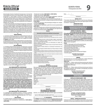 denominadas Escolas de Samba de Guarujá para o Carnaval da
Comunidade do Ano de 2016 relacionadas e descritas através
do Decreto nº 11.667, Artigo 3º, Incisos I, II e III para a Produção,
Confecção e Apresentação no Carnaval da Comunidade promo-
vido pelo Município de Guarujá, obedecendo às especificações
obrigatórias para serem prestadas e celebradas através de Con-
trato de Prestação de Serviço, com fundamento na Lei Federal nº
8.666/93, Art. 25 caput.
1.2 Serão aceitas Escolas de Samba de Guarujá que comprovem
por meio da apresentação de portfólio (publicações de jornal e
revistas da cidade e região) a participação nos Desfiles de Carnaval
realizados nos três últimos anos (2013, 2014 e 2015) do Grupo
Especial, Acesso e HoursConcours no Município de Guarujá e que
atendam a totalidade das necessidades descritas, que juntas,
representam a seqüência para realização do Carnaval da Comuni-
dade promovido pelo Município de Guarujá para o Ano de 2016.
II
PARTICIPANTES
2.1 Somente poderão participar do credenciamento Escolas de
Samba de Guarujá conforme descrito no item I - Objeto, devendo
apresentar os documentos de acordo com o exigido nos moldes
do Anexo I deste edital.
2.2 Não poderão participar do credenciamento as Escolas de Sam-
ba de Guarujá que, por qualquer motivo, não estejam declaradas
inidôneas e impedidas de contratar com a Administração Pública.
III
DO PAGAMENTO
3.1 A Prefeitura Municipal do Guarujá contratará para o Carnaval
daComunidade2016,comfundamentonaLeiFederalnº8.666/93,
Art. 25, caput, as Agremiações devidamente habilitadas, sediadas
emGuarujá,desdequeatendidasasexigênciaslegaisdaSecretaria
Municipal de Finanças.
• O pagamento do contrato de prestação de serviço será no valor
de R$ 30.000,00 (trinta mil reais) para as Escolas de Samba de
Guarujá do Grupo Especial, sendo a primeira parcela, no valor de
R$ 29.000,00 (vinte e nove mil reais) que será concedida conforme
prazos descritos neste Edital e a segunda parcela no valor de R$
1.000,00 (mil reais). Para as Escolas de Samba do Guarujá do
Grupo de Acesso o valor do pagamento do contrato de prestação
de serviço será de R$ 15.000,00 (quinze mil reais), cumprindo o
mesmo cronograma de pagamento, sendo a primeira parcela
no valor de R$ 14.500,00 (quatorze mil e quinhentos reais) e a
segunda no valor de R$ 500,00 (quinhentos reais).
IV
DAS OBRIGAÇÕES DA CONTRATADA
4.1AinscriçãodasAgremiaçõesdenominadasEscolasdeSambade
Guarujá para a participação no Carnaval da Comunidade do Ano
de 2016 implicará o conhecimento e a tácita aceitação das normas
e condições estabelecidas neste Chamamento e no Decreto no
11.667 , publicado no Diário Oficial do Município dia 12/01/2016
em relação às quais não poderá alegar desconhecimento.
4.2 É obrigação da contratada o traslado, segurança e alimentação
de seus participantes/ integrantes e todas as despesas decorrentes
de sua participação no Carnaval da Comunidade 2016.
4.3 As Agremiações denominadas Escolas de Samba de Gua-
rujá, deverão assinar termo próprio comprometendo-se a
ceder o direito de uso de imagem, áudio e vídeo de forma
integralmente gratuita, com vistas a cobertura e divulgação
do Carnaval da Comunidade 2016 promovido pela Prefeitura
Municipal de Guarujá, bem como com relação a quaisquer
filmagem, fotografias e gravações efetuadas por Empresas
a serem contratadas pela Prefeitura Municipal de Guarujá
para este fim.
V
DAS OBRIGAÇÕES DA CONTRATANTE
5.1 É obrigação da contratante cumprir as normas e condições
estabelecidas neste Edital de Chamamento e no Decreto n° 11.
667, publicado no Diário Oficial do Município dia 12 /01 /2016.
VI
DOS PRAZOS
6.1 O Edital seguirá o respectivo cronograma:
• Publicação da Convocatória/ Chamamento 13/01/2016 e
14/01/2016;
• Período de Inscrições 14/01/2016 e 18/01/2016;
• Análise Documental 19/01/2016;
• Publicação do nome das Agremiações habilitadas, a partir do
resultado da análise documental 20/01/2016;
• Recursos das inabilitadas, que se sentirem prejudicadas, so-
bre a análise documental e complementação da documentação
21/01/2016;
• Análise dos recursos e documentação entregue em comple-
mentação 22/01/2016;
• Publicação das Habilitadas a partir dos recursos apresentados
23/01/2016;
• Início da assinatura dos contratos de prestação de serviço, res-
peitando-se a ordem de inscrição e habilitação das Agremiações
e repasse da primeira parcela 25/01/2015.
Anexo I
Documentos necessários para habilitação das Agremiações
Itinerário da apresentação da Agremiação no Carnaval da Comunidade, incluindo
local, data, horário e percurso detalhados em mapa.
Requerimento solicitando a presença da Corte Carnavalesca de 2016, com data,
horário e local.
Portfólio (publicações de jornal e revistas da cidade e região) comprovando a
participação nos Desfiles de Carnaval realizados nos três últimos anos (2013,
2014 e 2015) no Município de Guarujá
Cópia do Estatuto Social (de acordo com determinações do Código Civil
Brasileiro) registrado em cartório;
Cópia da Ata da Assembleia da Eleição de posse da atual Diretoria Executiva
registrada em cartório;
Certidão Negativa de Débitos Relativos às Contribuições Previdenciárias e de
Terceiros;
Certidão Conjunta Negativa de Débitos Relativos aos Tributos Federais e a Dívida
Ativa da União;
Certidão Negativa de Débitos Tributários da Dívida Ativa do Estado de São Paulo;
Certificado de Regularidade Social do Fundo de Garantia por tempo de serviço
– FGTS;
Cópia do comprovante de Inscrição e de Situação Cadastral no Cadastro nacional
de Pessoas Jurídicas – CNPJ.
Certificação junto ao Conselho Municipal de Cultura;
Comprovante de Inscrição Municipal;
Comprovante de residência do Representante da Entidade
Cópia de Comprovante de Conta Corrente de Pessoa Jurídica;
Declaração de Veracidade da Documentação Apresentada.
Certidão Negativa de Tributos Municipais
Certidão Negativa de Protestos de Execução
Anexo II
AUTORIZAÇÃO DE CESSÃO DE IMAGEM
Pelo presente instrumento, autorizo a Prefeitura Municipal de
Guarujá, sediado à Av. Santos Dumont, 800, Guarujá/SP, CEP:
11432-440, a divulgar, utilizar e dispor, na íntegra ou em parte,
para todos os fins cabíveis, inclusive fins institucionais, educati-
vos, informativos, técnicos, culturais e turísticos, da imagem da
Entidade e seus componentes sem que isto implique em ônus
para a Prefeitura Municipal do Guarujá.
Nome da Entidade:____________________________________
CNPJ:________________________________________________
Responsável pela Entidade: _____________________________
CPF / RG: ____________________________________________
Endereço: ___________________________________________
Telefone(s): __________________________________________
E-mail: ______________________________________________
Data: ____/____/____
____________________________
Assinatura
Anexo III
DECLARAÇÃO DE VERACIDADE
DE INFORMAÇÕES PRESTADAS
Declaro, na qualidade de representante legal da Entidade
_______________ ____________________________________
__ que as informações prestadas pelo Sr.(a) _______________
___________________________________ portador (a) do RG
n°_________________ são Verdadeiras.
FicoCienteatravés deste documento que declarar fato que sabe
serinverídico,comfinalidadedefraudaroEditaldeChamamento
01/2016, pode vir a constituir crime apurável na forma de lei.
Data: ____/____/____
_____________________________
Assinatura
EDITAL 02/16
O Secretário Municipal de Cultura, no uso de suas atribuições
serve-se do presente edital para ciência das Agremiações inseridas
no Decreto 11.667/2016.
ODAIR DIAS FILHO
Secretário de Cultura
DESENVOLVIMENTO E
ASSISTÊNCIA SOCIAL
EDITAL Nº. 003/2016 - CMDCA
Convocação da Reunião Ordinária
OConselhoMunicipaldosDireitosdaCriançaedoAdolescente
deGuarujá–CMDCA, no uso das atribuições legais estabelecidas
na Lei Municipal nº 3.382, de 07 de junho de 2006, vem por meio
deste, convocar os conselheiros titulares e suplentes convida aos
demais interessados a participarem da Assembleia Ordinária, a
ser realizada no dia 19 de janeiro de 2016, primeira chamada às
8h30,nas dependências da Casa dos Conselhos, Rua Montenegro,
nº455, Centro, Guarujá/SP.
Pauta:
• Leitura e Aprovação da Ata da Reunião Anterior.
• Apresentação do Representante da Elektro.
• Apresentação do Projeto Sorrindo com a Vida.
(Associação de Palavra de Vida)
• Apresentação da Empresa da EGP.
• Concursos Projeto Criando Asas.
• Resultado da Avaliação da Comissão de Projetos
• Assuntos gerais;
Ronaldo Araujo Santana
Presidente do CMDCA
ERRATA
Na Resolução de nº 071/2015, publicado no Diário Oficial do
Município, pagina 14, em 30 de Dezembro de 2015.
Onde se lê:
Parágrafo: 3.5 – O Valor máximo de financiamento para cada um
dos projetos propostos, não incluída a contrapartida, será de R$
100.000,00(cem Mil reais).
Leia-se:
Parágrafo: 3.5 – O Valor máximo de financiamento para cada um
dos projetos propostos, não incluída a contrapartida, será de R$
150.000,00 (cem Mil reais).
Guarujá, 13 de janeiro de 2016
Ronaldo Araujo Santana
Presidente do CMDCA
EDUCAÇÃO
EDITAL DE CONVOCAÇÃO - APM
A Direção da Escola Municipal Profª Maria Regina Teixeira dos
Santos Claro, serve-se do presente edital para convocar pais,
professores, funcionários e membros da Associação de Pais e
Mestres para Assembleia Geral Extraordinária a realizar-se aos
dezenove dias do mês de janeiro de dois mil e dezesseis às treze
horas em primeira chamada e às treze horas e trinta minutos em
segunda chamada, em uma das dependências desta Unidade
Escolar, situada à Rua Aureo Moreira, 90 – Jardim Conceiçãozinha
– Guarujá/SP para tratar da seguinte ordem do dia: Prestação
de contas do Convênio APM/PMG, Recursos Próprios e PDDE do
exercício de 2015.
Guarujá, 12 de janeiro de 2016
Ana Maria de Oliveira da Silva
Diretora de Unidade de Ensino
Pront. nº 9863
EDITAL - CONSELHO DE ESCOLA
A Direção da E.M. Profª Dirce Valério Gracia serve-se do presente
edital para convocar pais, professores, alunos, funcionários, mem-
QUINTA-FEIRA
14 de janeiro de 2016
9GUARUJÁ
Diário Oficial
 
