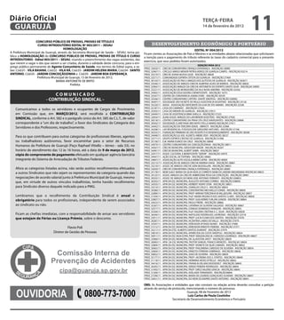 Diário Oficial
 GUARUJÁ
                                                                                                                                                  teRçA-feiRA
                                                                                                                                                  14 de fevereiro de 2012
                                                                                                                                                                                          11
                    coNcURso pÚBlico De pRoVAs, pRoVAs De tÍtUlo e
                     cURso iNtRoDUtÓRio eDitAl Nº 003/2011 – sesAU                                      desenvolvimento econômico e portuário
                                        HomoloGAção                                                                                      eDitAl Nº 004/2012
A Prefeitura Municipal de Guarujá, através da Secretaria Municipal de Saúde – SESAU, torna pú-     Ficam cientes as Associações de Pais e Mestres e as entidades abaixo relacionadas que solicitaram
blico a HomoloGAção do coNcURso pÚBlico De pRoVAs, pRoVAs De tÍtUlo e cURso                        a isenção para o pagamento do tributo referente às taxas do cadastro comercial para o presente
iNtRÓDUtoRio - edital 003/2011 – sesAU, visando o preenchimento das vagas existentes, das
                                                                                                   exercício, que seus pedidos foram autorizados.
que vierem a vagar e das que vierem a ser criadas, durante a validade deste concurso, para o em-
                                                                                                                                                  iseNção pARA 2012
prego público permanente de Agente comunitário de saúde, nos termos do Edital supra, a sa-         PROC 33650/11 - CRECHE COMUNITARIA CRIANÇA ESPERANÇA - INSCRIÇAO 28085
ber: Cód.01 - VilA BAiANA, Cód.02 - VilA Rã, Cód.03 - JARDim HeleNA mARiA, Cód.04 - sANto          PROC 32967/11 - CIRCULO AMIGO MENOR PATRULHEIROS DE GUARUJA CAMPG - INSCRIÇAO 03214
ANtoNio, Cód.05 - JARDim coNceiçãoZiNHA e Cód.05 - JARDim BoA espeRANçA.                           PROC 35219/11 - CRECHE JOANA MUSSA GAZE - INSCRIÇÃO 38828
                     Prefeitura Municipal de Guarujá, 13 de fevereiro de 2012.                     PROC 32571/11 - COMUNIDADE ESPIRITA CRTSTA DO GUARUJA - INSCRIÇÃO 27469
                                  MARIA ANTONIETA DE BRITO                                         PROC 30150/11 - ASSOCIAÇÃO DE PAIS E AMIGOS DOS AUTISTAS DE GUARUJA - INSCRIÇÃO 303671
                                             Prefeita                                              PROC 33546/11 - ASSOCIAÇÃO DE AMIGOS CRECHE AGRIPINA ALVES DE BARROS - INSCRIÇÃO 38826
                                                                                                   PROC 32963/11 - ASSOCIAÇÃO AMIGOS DA CRECHE ANTONIETA DO ESPIRITO SANTO SILVA - INSCRIÇAO 39093
                                                                                                   PROC 35221/11 - ASSOCIAÇÃO DE MORADORES DA VILA NOVA AMORIM - INSCRIÇÃO 42456
                                                                                                   PROC 34465/11 - ASSOCIAÇÃO EDUCADORA E BENEFICENTE - INSCRIÇÃO 16751
                              comUNicADo                                                           PROC 35347/11 - CENTRO DE CONVIVENCIA JOANA D’ARC - INSCRIÇÃO 30539
                          - coNtRiBUição siNDicAl -                                                PROC 35506/11 - CENTRO COMUNITARIO CAPITÃO DANTE SINOPOLI - INSCRIÇÃO 038982
                                                                                                   PROC 36497/11 - SOCIEDADE SÃO VICNETE DE PAULO ASSISTENCIA VICENTINA - INSCRIÇÃO 23126
                                                                                                   PROC 35220/11 - ADISA - ASSOCIAÇÃO DEFICIENTE DA ILHA DE STO AMARO - INSCRIÇÃO 22338
                                                                                                   PROC 32187/11 - CASA DO CAMINHO - INSCRIÇÃO 27644
   Comunicamos a todos os servidores e ocupantes de Cargos de Provimento                           PROC 35503/11 - CASA DO MENOR DE GUARUJA - INSCRIÇÃO 27813
   em Comissão que, em mARço/2012, será recolhida a coNtRiBUição                                   PROC 34449/11 - CASA DE ASSISTENCIA IRMA SHEILLA - INSCRIÇÃO 27225
                                                                                                   PROC 25054/11 - ALMA ASSOC AMIGOS DO LAR MENOR ASSISTIDO - INSCRIÇÃO 27926
   siNDicAl, conforme o Art. 582 e o parágrafo único do Art. 585 da C.L.T., de valor               PROC 30518/11 - CENTRO COMUNITARIO DA PRAIA STA CRUZ NAVEGANTES - INSCRIÇÃO 26868
   correspondente a “um dia de trabalho”, a favor dos Sindicatos da Categoria dos                  PROC 30502/11 - SOCIEDADE CLARETIANA (RECANTO STELLA MARIS) INSCRIÇÃO 27411
                                                                                                   PROC 34442/11 - ASSOCIAÇÃO DA TERCEIRA IDADE - ABRASTI - INSCRIÇÃO 32968
   Servidores e dos Professores, respectivamente.                                                  PROC 34208/11 - LAR RESIDENCIAL P/IDOSOS ENE GREGORIO ANTUNES - INSCRIÇÃO 37106
                                                                                                   PROC 30333/11 - FUNDAÇÃO PRIMEIRA DE SÃO VICENTE P/O DESENVOLVIMENTO - INSCRIÇÃO 38208
                                                                                                   PROC 34448/11 - ASSOCIAÇÃO ILE ASE ALEKETU ABEBE ODO - INSCRIÇÃO 38237
   Para os que contribuem para outras categorias de profissionais liberais, agentes                PROC 33771/11 - GRUPO ESPIRITA CRISTAO DE GUARUJA - INSCRIÇÃO 41998
   ou trabalhadores autônomos, favor encaminhar para o setor de Recursos                           PROC 35158/11 - E.M. MARIA EUNICE DA CRUZ - INSCRIÇÃO 38848
                                                                                                   PROC 34974/11 - CENTRO COMUNITARIO DA CONCEIÇÃOZINHA - INSCRIÇÃO 28811
   Humanos da Prefeitura de Guarujá (Paço Raphael Vitiello – térreo - sala 33), no                 PROC 34567/11 - CRECHE MUNICIPAL GROUSSIER MAGRI - INSCRIÇÃO 40207
   horário de atendimento das 12 às 16 horas, até a data de 9 de março de 2012,                    PROC 34481/11 - CRECHE MUNICIPAL ALBERT SABIN - INSCRIÇÃO 38837
   cópia do comprovante de pagamento efetuado em qualquer agência bancária                         PROC 32917/11 - ASSOC CULTURAL E BENEFICENTE “SERVIR” - INSCRIÇÃO 34970
                                                                                                   PROC 34447/11 - AÇÃO SOCIAL DE ITAPEMA - INSCRIÇÃO 28083
   integrante do Sistema de Arrecadação de Tributos Federais.                                      PROC 34847/11 - ASSOCIAÇÃO AUTO-ESCOLA MIRIM CAPRA - INSCRIÇÃO 40095
                                                                                                   PROC 35213//11- ASSOCIAÇÃO DE AMIGOS CRECHE MARINA DAIGE - INSCRIÇÃO 38861
                                                                                                   PROC 35210/11 - ASSOC DE AMIGOS CRECHE SARA BOZOGLIAN - INSCRIÇÃO 38852
   Afora as categorias listadas acima, não serão aceitos recolhimentos efetuados                   PROC 33650/11 - CRECHE COMUNITARIA CRIANÇA ESPERANÇA - INSCRIÇAO 28085
   a outros Sindicatos que não sejam os representantes da categoria quando das                     PROC 35178/11 - NEIM SUELY MARIA DA SILVA KIDA (O CORRETO NAIM DO JARDIM AMUARAMA) INSCRICAO 38823
                                                                                                   PROC 34123/11 - ASSOC AMIGOS DA CRECHE AMBROZINA ROSA DA CONCEIÇÃO - INSCRIÇÃO 38961
   negociações de acordo salarial junto à Prefeitura Municipal de Guarujá, mesmo                   PROC 30555/11 - ASSOC DE AMIGOS DO NEIM JOSE ANTONIO FERRANTI - INSCRIÇÃO 038853
   que, em virtude de outros vínculos trabalhistas, tenha havido recolhimento                      PROC 36393/11 - APM DA ESC MUNICIPAL AUGUSTO ANTUNES CORREA - INSCRIÇÃO 038850
                                                                                                   PROC 34503/11 - APM DA ESC MUNICIPAL HERBERT HENRY DOW - INSCRIÇÃO 38851
   para Sindicato diverso daquele indicado para a PMG.                                             PROC 35510/11 - APM DA ESC MUNICIPAL OSWALDO CRUZ II - INSCRIÇÃO 38854
                                                                                                   PROC 30386/11 - APM DA ESC MUNICIPAL CONSTANTINO MICHAELLO CONDE - INSCRIÇÃO 38856
                                                                                                   PROC 32889/11 - APM DA ESC MUNICIPAL PROFª MIRIAM TEREZINHA W MILLBOURN - INSCRIÇAO 38857
   Lembramos que o recolhimento da Contribuição Sindical é anual e                                 PROC 31594/11 - APM DA ESC MUNICIPAL Prof.ª MARIA REGINA R DOS SANTOS CLARO - INSCRIÇAO 38858
   obrigatório para todos os profissionais, independente de serem associados                       PROC 32807/11 - APM DA ESC MUNICIPAL PROFº GUILHERME FURLANI JUNIOR - INSCRIÇÃO 38864
                                                                                                   PROC 34423/11 - APM DA ESC MUNICIPAL PAULO FREIRE - INSCRIÇÃO 38866
   ao sindicato ou não.                                                                            PROC 35267/11 - APM DA ESC MUNICIPAL CATARINA DE OLIVEIRA SALGADO - INSCRIÇÃO 38867
                                                                                                   PROC 32577/11 - APM DA ESC MUNICIPAL CONEGO DOMENICO RANGONI - INSCRIÇÃO 38855
                                                                                                   PROC 35304/11 - APM DA ESC MUNICIPAL Prof.ª VALERIA CRISTINA V. C. SILVA - INSCRIÇÃO 42828
   Ficam as chefias imediatas, com a responsabilidade de avisar aos servidores                     PROC 36346/11 - APM DA ESC MUNICIPAL NAPOLEAO RODRIGUES LAUREANO - INSCRIÇÃO 22318
   que estejam de férias ou licença prêmio, sobre o desconto.                                      PROC 25911/11 - APM DA ESC MUNICIPAL PROFª LUCIA FLORA DOS SANTOS - INSCRIÇÃO 37078 -
                                                                                                   PROC 30287/11 - APM DA ESC MUNICIPAL VICENTINA LAMAS DO VALLE - INSCRIÇÃO 37079
                                                                                                   PROC 35507/11 - APM DA ESC MUNICIPAL VEREADOR AFONSO NUNES - INSCRIÇÃO 37080
                                         Flavio Poli                                               PROC 31512/11 - APM DA ESC MUNICIPAL VEREADOR ERNESTO PEREIRA - INSCRIÇÃO 37371
                                                                                                   PROC 35211/11 - APM DA ETEC ALBERTO SANTOS DUMONT - INSCRIÇÃO 37979
                                Diretor de Gestão de Pessoas                                       PROC 34819/11 - APM DA ESC MUNICIPAL APARECIDA DA COSTA SINOPOLI - INSCRIÇÃO 38824
                                                                                                   PROC 30911/11 - APM DA ESC MUN ICIPAL PROFª MAGDALENA M. CARDOSO LOURENÇO - INSCRIÇÃO 38827
                                                                                                   PROC 33960/11 - APM DA ESC MUNICIPAL DR. GLADSTON JAFET - INSCRIÇÃO 38829
                                                                                                   PROC 30083/11 - APM DA ESC MUNICIPAL PASTOR SAMUEL FRANCO MENEZES - INSCRIÇAO 38830
                                                                                                   PROC 32804/11 - APM DA ESC MUNICIPAL PROFª IVONETE DA SILVA CAMARA - INSCRIÇÃO 38832
                                                                                                   PROC 30465/11 - APM DA ESC MUNICIPAL PROFª PHILOMENA CARDOSO DE OLIVEIRA - INSCRIÇÃO 38834

                               Comissão Interna de                                                 PROC 35804/11 - APM DA ESC MUNICIPAL ERNESTO FERREIRA SOBRINHO - INSCRIÇÃO 38836
                                                                                                   PROC 30832/11 - APM DA ESC MUNICIPAL JOAO DE OLIVEIRA - INSCRIÇÃO 38839


                              Prevenção de Acidentes
                                                                                                   PROC 35177/11 - APM DA ESC MUNICIPAL PROFª JACIREMA DOS S. FONTES - INSCRIÇÃO 38840
                                                                                                   PROC 31118/11 - APM DA ESC MUNICIPAL HERMINIA NEVES VITIELLO - INSCRIÇÃO 38842
                                                                                                   PROC 34416/11 - APM DA ESC MUNICIPAL FRANKLIN DELANO ROOSEVELT - INSCRIÇÃO 38843
                                                                                                   PROC 36345/11 - APM DA ESC MUNICIPAL SERGIO PEREIRA RODRIGUES - INSCRIÇÃO 38844

                                    cipa@guaruja.sp.gov.br                                         PROC 31492/11 - APM DA ESC MUNICIPAL PROFª DIRCE VALERIO GRACIA - INSCRIÇÃO 38845
                                                                                                   PROC 31306/11 - APM DA ESC MUNICIPAL ADELAIDE FERNANDES - INSCRIÇÃO38846
                                                                                                   PROC 27296/11 - APM DA ESC MUNICIPAL MARIA DE LOURDES GONÇALVES OLIVEIRA - INSCRIÇÃO 38847
                                                                                                   PROC 33651/11 - APM DA ESC MUNICIPAL DO NEIM DO BAIRRO SANTO ANTONIO - INSCRIÇÃO 38841

                                                                                                   oBs: As Associações e entidades que não constam na relação acima deverão consultar a petição


    OuvidOria                                         0800-773-7000
                                                                                                   através do serviço de protocolo, mencionando o número do processo.
                                                                                                                                    Guarujá, 08 de Fevereiro de 2012
                                                                                                                                     luiz carlos de paula coutinho
                                                                                                                         Secretario de Desenvolvimento Econômico e Portuário
 
