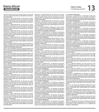 Diário Oficial
 GUARUJÁ
                                                                                                                                           teRçA-feiRA
                                                                                                                                           14 de fevereiro de 2012
                                                                                                                                                                             13
cional de Saúde, em favor de nosso município no valor de R$      Telegrama nº 006637/MS/SE/FNS, do Ministério da Saúde,           DOS SENHORES VEREADORES.
78.320,15. À SECRETARIA PARA CONHECIMENTO DOS SENHO-             informando a liberação de recursos financeiros do Fundo Na-      Comunicado nº CM303706/2011, do Ministério da Educação,
RES VEREADORES.                                                  cional de Saúde, em favor de nosso município no valor de         informando a liberação de recursos financeiros destinados a
Telegrama nº 005767/MS/SE/FNS, do Ministério da Saúde,           R$ 294.823,03. À SECRETARIA PARA CONHECIMENTO DOS SE-            garantir a execução de programas do Fundo Nacional de Desen-
informando a liberação de recursos financeiros do Fundo Na-      NHORES VEREADORES.                                               volvimento da Educação. À SECRETARIA PARA CONHECIMENTO
cional de Saúde, em favor de nosso município no valor de R$      Telegrama nº 002430/MS/SE/FNS, do Ministério da Saúde,           DOS SENHORES VEREADORES.
78.320,15. À SECRETARIA PARA CONHECIMENTO DOS SENHO-             informando a liberação de recursos financeiros do Fundo Na-      Comunicado nº CM303708/2011, do Ministério da Educação,
RES VEREADORES.                                                  cional de Saúde, em favor de nosso município no valor de R$      informando a liberação de recursos financeiros destinados a
Telegrama nº 008014/MS/SE/FNS, do Ministério da Saúde,           12.014,08. À SECRETARIA PARA CONHECIMENTO DOS SENHO-             garantir a execução de programas do Fundo Nacional de Desen-
informando a liberação de recursos financeiros do Fundo Na-      RES VEREADORES.                                                  volvimento da Educação. À SECRETARIA PARA CONHECIMENTO
cional de Saúde, em favor de nosso município no valor de R$      Ofício nº 221/CGOF/SENASP, do Ministério da Justiça, encami-     DOS SENHORES VEREADORES.
78.320,15. À SECRETARIA PARA CONHECIMENTO DOS SENHO-             nhando a relação dos convênios celebrados e pagos em 2011        Comunicado nº CM303700/2011, do Ministério da Educação,
RES VEREADORES.                                                  entre o Ministério da Justiça e Guarujá. À SECRETARIA PARA CO-   informando a liberação de recursos financeiros destinados a
Telegrama nº 008595/MS/SE/FNS, do Ministério da Saúde,           NHECIMENTO DOS SENHORES VEREADORES.                              garantir a execução de programas do Fundo Nacional de Desen-
informando a liberação de recursos financeiros do Fundo Na-      Comunicado nº CM297034/2011, do Ministério da Educação,          volvimento da Educação. À SECRETARIA PARA CONHECIMENTO
cional de Saúde, em favor de nosso município no valor de         informando a liberação de recursos financeiros destinados a      DOS SENHORES VEREADORES.
R$ 260.000,00. À SECRETARIA PARA CONHECIMENTO DOS SE-            garantir a execução de programas do Fundo Nacional de Desen-     Comunicado nº CM303709/2011, do Ministério da Educação,
NHORES VEREADORES.                                               volvimento da Educação. À SECRETARIA PARA CONHECIMENTO           informando a liberação de recursos financeiros destinados a
Telegrama nº 008770/MS/SE/FNS, do Ministério da Saúde,           DOS SENHORES VEREADORES.                                         garantir a execução de programas do Fundo Nacional de Desen-
informando a liberação de recursos financeiros do Fundo Na-      Ofício Circular Externo/MDS/SNAS/DEFNAS/CGEOF/Nº 53/2011,        volvimento da Educação. À SECRETARIA PARA CONHECIMENTO
cional de Saúde, em favor de nosso município no valor de R$      do Ministério do Desenvolvimento Social e Combate à Fome,        DOS SENHORES VEREADORES.
78.320,15. À SECRETARIA PARA CONHECIMENTO DOS SENHO-             comunicando a liberação de recursos do Fundo Municipal de        Comunicado nº CM303707/2011, do Ministério da Educação,
RES VEREADORES.                                                  Assistência Social. À SECRETARIA PARA CONHECIMENTO DOS           informando a liberação de recursos financeiros destinados a
Ofício nº 2282/2011GIDUR/ST, da Caixa Econômica Federal, no-     SENHORES VEREADORES.                                             garantir a execução de programas do Fundo Nacional de Desen-
tificando o crédito de R$ 18.525,00 do Programa Turismo Social   Telegrama nº 013521/MS/SE/FNS, do Ministério da Saúde,           volvimento da Educação. À SECRETARIA PARA CONHECIMENTO
no Brasil do Ministério do Turismo. À SECRETARIA PARA CONHE-     informando a liberação de recursos financeiros do Fundo Na-      DOS SENHORES VEREADORES.
CIMENTO DOS SENHORES VEREADORES.                                 cional de Saúde, em favor de nosso município no valor de R$      Telegrama nº 000154/MS/SE/FNS, do Ministério da Saúde,
Ofício nº 070/2012GIDUR/ST, da Caixa Econômica Federal, noti-    73.700,00. À SECRETARIA PARA CONHECIMENTO DOS SENHO-             informando a liberação de recursos financeiros do Fundo Na-
ficando acerca do Contrato de Repasse celebrado entre o muni-    RES VEREADORES.                                                  cional de Saúde, em favor de nosso município no valor de R$
cípio e a CEF. À SECRETARIA PARA CONHECIMENTO DOS SENHO-         Telegrama nº 011572/MS/SE/FNS, do Ministério da Saúde,           10.418,27. À SECRETARIA PARA CONHECIMENTO DOS SENHO-
RES VEREADORES.                                                  informando a liberação de recursos financeiros do Fundo Na-      RES VEREADORES.
Ofício nº 071/2012GIDUR/ST, da Caixa Econômica Federal, noti-    cional de Saúde, em favor de nosso município no valor de         Ofício nº 2100/2011GIDUR/ST, da Caixa Econômica Fede-
ficando acerca do Contrato de Repasse celebrado entre o muni-    R$ 462.087,00. À SECRETARIA PARA CONHECIMENTO DOS SE-            ral, notificando acerca da rescisão do Contrato nº 0315748-
cípio e a CEF. À SECRETARIA PARA CONHECIMENTO DOS SENHO-         NHORES VEREADORES.                                               99/09. À SECRETARIA PARA CONHECIMENTO DOS SENHORES
RES VEREADORES.                                                  Telegrama nº 002094/MS/SE/FNS, do Ministério da Saúde,           VEREADORES.
Ofício nº 072/2012GIDUR/ST, da Caixa Econômica Federal, noti-    informando a liberação de recursos financeiros do Fundo Na-      Ofício nº 2099/2011GIDUR/ST, da Caixa Econômica Fede-
ficando acerca do Contrato de Repasse celebrado entre o muni-    cional de Saúde, em favor de nosso município no valor de R$      ral, notificando acerca da rescisão do Contrato nº 0315193-
cípio e a CEF. À SECRETARIA PARA CONHECIMENTO DOS SENHO-         4.200,00. À SECRETARIA PARA CONHECIMENTO DOS SENHO-              90/09. À SECRETARIA PARA CONHECIMENTO DOS SENHORES
RES VEREADORES.                                                  RES VEREADORES.                                                  VEREADORES.
Ofício nº 069/2012GIDUR/ST, da Caixa Econômica Federal, noti-    Comunicado nº CM303703/2011, do Ministério da Educação,          Ofício nº 2098/2011GIDUR/ST, da Caixa Econômica Fede-
ficando acerca do Contrato de Repasse celebrado entre o muni-    informando a liberação de recursos financeiros destinados a      ral, notificando acerca da rescisão do Contrato nº 0313722-
cípio e a CEF. À SECRETARIA PARA CONHECIMENTO DOS SENHO-         garantir a execução de programas do Fundo Nacional de Desen-     41/09. À SECRETARIA PARA CONHECIMENTO DOS SENHORES
RES VEREADORES.                                                  volvimento da Educação. À SECRETARIA PARA CONHECIMENTO           VEREADORES.
Telegrama nº 000848/MS/SE/FNS, do Ministério da Saúde,           DOS SENHORES VEREADORES.                                         Ofício nº 2097/2011GIDUR/ST, da Caixa Econômica Fede-
informando a liberação de recursos financeiros do Fundo Na-      Comunicado nº CM303698/2011, do Ministério da Educação,          ral, notificando acerca da rescisão do Contrato nº 0308306-
cional de Saúde, em favor de nosso município no valor de R$      informando a liberação de recursos financeiros destinados a      04/09. À SECRETARIA PARA CONHECIMENTO DOS SENHORES
2.850,00. À SECRETARIA PARA CONHECIMENTO DOS SENHO-              garantir a execução de programas do Fundo Nacional de Desen-     VEREADORES.
RES VEREADORES.                                                  volvimento da Educação. À SECRETARIA PARA CONHECIMENTO           Comunicado nº CM004832/2012, do Ministério da Educação,
Telegrama nº 001069/MS/SE/FNS, do Ministério da Saúde,           DOS SENHORES VEREADORES.                                         informando a liberação de recursos financeiros destinados a
informando a liberação de recursos financeiros do Fundo Na-      Comunicado nº CM303701/2011, do Ministério da Educação,          garantir a execução de programas do Fundo Nacional de Desen-
cional de Saúde, em favor de nosso município no valor de R$      informando a liberação de recursos financeiros destinados a      volvimento da Educação. À SECRETARIA PARA CONHECIMENTO
8.800,00. À SECRETARIA PARA CONHECIMENTO DOS SENHO-              garantir a execução de programas do Fundo Nacional de Desen-     DOS SENHORES VEREADORES.
RES VEREADORES.                                                  volvimento da Educação. À SECRETARIA PARA CONHECIMENTO           Ofício s/nº, da Câmara dos Deputados, informando acerca dos
Telegrama nº 000253/MS/SE/FNS, do Ministério da Saúde,           DOS SENHORES VEREADORES.                                         recursos do Orçamento da União empenhados aos Municípios.
informando a liberação de recursos financeiros do Fundo Na-      Comunicado nº CM303699/2011, do Ministério da Educação,          À SECRETARIA PARA CONHECIMENTO DOS SENHORES VEREA-
cional de Saúde, em favor de nosso município no valor de         informando a liberação de recursos financeiros destinados a      DORES.
R$ 228.443,10. À SECRETARIA PARA CONHECIMENTO DOS SE-            garantir a execução de programas do Fundo Nacional de Desen-     Ofício s/nº, da Câmara dos Deputados, informando acerca
NHORES VEREADORES.                                               volvimento da Educação. À SECRETARIA PARA CONHECIMENTO           dos recursos do Orçamento da União empenhados aos Muni-
Telegrama nº 005746/MS/SE/FNS, do Ministério da Saúde,           DOS SENHORES VEREADORES.                                         cípios. À SECRETARIA PARA CONHECIMENTO DOS SENHORES
informando a liberação de recursos financeiros do Fundo Na-      Comunicado nº CM303702/2011, do Ministério da Educação,          VEREADORES.
cional de Saúde, em favor de nosso município no valor de R$      informando a liberação de recursos financeiros destinados a      Ofício Circular Externo/MDS/SNAS/DEFNAS/CGEOF/Nº 54/2011,
36.000,00. À SECRETARIA PARA CONHECIMENTO DOS SENHO-             garantir a execução de programas do Fundo Nacional de Desen-     do Ministério do Desenvolvimento Social e Combate à Fome,
RES VEREADORES.                                                  volvimento da Educação. À SECRETARIA PARA CONHECIMENTO           comunicando a liberação de recursos do Fundo Municipal de
Telegrama nº 008111/MS/SE/FNS, do Ministério da Saúde,           DOS SENHORES VEREADORES.                                         Assistência Social. À SECRETARIA PARA CONHECIMENTO DOS
informando a liberação de recursos financeiros do Fundo Na-      Comunicado nº CM303704/2011, do Ministério da Educação,          SENHORES VEREADORES.
cional de Saúde, em favor de nosso município no valor de         informando a liberação de recursos financeiros destinados a      Ofício s/nº, da Câmara dos Deputados, informando acerca
R$ 2.227.245,70. À SECRETARIA PARA CONHECIMENTO DOS              garantir a execução de programas do Fundo Nacional de Desen-     dos recursos do Orçamento da União empenhados aos Muni-
SENHORES VEREADORES.                                             volvimento da Educação. À SECRETARIA PARA CONHECIMENTO           cípios. À SECRETARIA PARA CONHECIMENTO DOS SENHORES
Telegrama nº 003764/MS/SE/FNS, do Ministério da Saúde,           DOS SENHORES VEREADORES.                                         VEREADORES.
informando a liberação de recursos financeiros do Fundo Na-      Comunicado nº CM303705/2011, do Ministério da Educação,          Ofício s/nº, da Diretoria de Finanças da Câmara Municipal de
cional de Saúde, em favor de nosso município no valor de R$      informando a liberação de recursos financeiros destinados a      Guarujá, encaminhando os Balancetes e o movimento da Des-
74.250,00. À SECRETARIA PARA CONHECIMENTO DOS SENHO-             garantir a execução de programas do Fundo Nacional de Desen-     pesa relativos ao mês de Novembro de 2011. À COMISSÃO DE
RES VEREADORES.                                                  volvimento da Educação. À SECRETARIA PARA CONHECIMENTO           FINANÇAS E ORÇAMENTO.
 