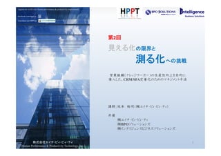 support for world class human performance & productivity improvement.
facebook.com/hppt.jp
slideshare.net/HPPTpr

第 2回

見える化の限界と

測る化への挑戦
営業組織（ナレッジワーカー）の生産性向上を目的に
導入した、CRM/SFA定着化のためのマネジメント手法
導 した
定着化 た
ネ
手法

講師；坂本 裕司（㈱エイチ・ピィ・ピィ・ティ）
共催
㈱エイチ・ピィ・ピィ・ティ
㈱BPOソリューションズ
㈱インテリジェンスビジネスソリューションズ

株式会社エイチ・ピィ・ピィ・ティ
（Human Performance & Productivity Technology, Inc.）
©All rights reserved ; Human Performance & Productivity Technology, Inc. 2014

1

 