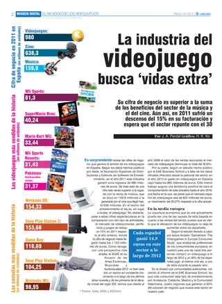 Marzo de 2013 /4 NEGOCIO DIGITAL
e-volucion@elnortedecastilla.es
EL NEGOCIO DE LOS VIDEOJUEGOS
La industria del
videojuego
busca ‘vidas extra’
Su cifra de negocio es superior a la suma
de los beneficios del sector de la música y
el del cine. Aún así, en 2011 sufrió un
descenso del 15% en su facturación y
espera que el sector repunte con el 3D
Por J. A. Pardal Gráfico: H. K. Ko
Cifradenegocioen2011en
España(enmillonesdeunidades)
Es sorprendente revisar las cifras de nego-
cio que genera el ámbito de los videojuegos
en España. Según los datos hechos públicos
por Aede, la Asociación Española de Distri-
buidores y Editores de Software de Entrete-
nimiento, en el año 2011 esta industria
generó unos ingresos de 980 millo-
nes de euros. Se trata esta de una
cifra seis veces superior a la logra-
da con la venta de música, que
se situó en 159,8 millones o la
generada por el cine que llegó has-
ta 638 millones. En el sector del
entretenimiento el rey es, sin lugar
a dudas, el videojuego. No obstante,
pese a estas cifras espectaculares en la
comparación con otro tipo de actividades,
el mercado de videoconsolas, perifé-
ricos y juegos se redujo
un 15% en 2011 respec-
to al año anterior, donde
la cifra de negocio había lle-
gado hasta los 1.153 millo-
nes de euros. Como recoge,
con una perspectiva más
amplia, la SGAE en su
Anuario de las
Artes Escénicas,
Musicales y
Audiovisuales 2012 «si bien este
era un sector en constante cre-
cimiento a lo largo de los últimos
años noventa y de los primeros de la déca-
da inicial del siglo XXI, vemos que desde el
año 2008 el valor de las ventas asociadas al mer-
cado de videojuegos disminuye un total del 32,6%».
Por su parte, según un estudio hecho público
por la EAE Business School y a falta de los datos
oficiales ofrecidos desde la patronal del sector, en
el año 2012 el gasto en videojuegos en España
cayó hasta los 665 millones de euros. Este mismo
trabajo augura una tendencia positiva de cara al
comportamiento de esta industria hasta el año 2016,
una fecha en la que «se prevé que el mercado espa-
ñol de videojuegos sea de 824 millones de euros,
un crecimiento del 20,27% respecto a la cifra actual».
En la media europea
La coyuntura económica que se vive actualmente
puede ser una de las causas de esta bajada en
cuanto a las ventas del sector, puesto que es cier-
to que la utilización de los videojuegos no deja de
aumentar entre los españoles.
Según el estudio llevado a cabo
por Ipsos titulado ‘Gametrack: The
Videogames in Europe Consumer
Study’, que analiza las preferencias
de los consumidores europeos, en
nuestro país una de cada tres per-
sonas compró un videojuego a lo
largo de 2012 y un 40% de los espa-
ñoles jugó, al menos una vez, a uno
de ellos durante el pasado año.
En la división por comunidades autónomas, vol-
viendo al informe de la EAE Business School, las
que más consumen este tipo de entretenimiento
son Andalucía, Cataluña, Madrid y la Comunidad
Valenciana, cuatro regiones que generan el 62%
del volumen de negocio que mueve este sector en
nuestro país.
Nintendo DS:
154,33
Nintendo Wii:
98,95
Losvideojuegosmásvendidosdelahistoria
(enmillonesdeunidades)
Wii Sports:
81,3
SuperMario Bros:
40,24
Mario Kart Wii:
33,44
Wii Sports
Resorts:
31,43
Pokémon
Red/Green/Blue
versión:
31,37
Lasconsolasmásvendidasdelahistoria
(enmillonesdeunidades)
Cada español
gastó 14,8
euros en este
sector a lo
largo de 2012
Música:
159,8
Cine:
638,3
Sony Play Station 2:
153,68
Game Boy:
118,69
Sony Play Station:
104,25
Videojuegos:
980
* Fuente: Aede, SGAE y VGChartz
 