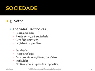  3º Setor
 Entidades Filantrópicas
▪ Pessoa Jurídica
▪ Presta serviços à sociedade
▪ Sem fins lucrativos
▪ Legislação específica
▪ Fundações
▪ Pessoa Jurídica
▪ Sem proprietário, titular, ou sócios
▪ Instituidor
▪ Destina recursos para fim específico
23/03/2014 Prof. Ms. Agnes Arruda | Comunicação Comunitária 11
 