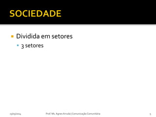  Dividida em setores
 3 setores
23/03/2014 Prof. Ms. Agnes Arruda | Comunicação Comunitária 5
 