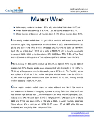info@capitalheight.com
                                                                          Phone- (0731)4295950



                        MARKET WRAP
      Indian equity market ends down 1.70%, Nifty slips below 5500, down 93.30 pts.
      India’s Jan IIP data came up at 3.7% vs. 1.6% as against expected at 2.7%.
      Global markets ends down, US markets down 1 - 3% & Euro markets down 2-3%.


Indian equity market ended down on geopolitical tensions and recent earthquake &
tsunami in Japan. Nifty slipped below the crucial level of 5500 and ended down 93.30
pts to end at 5545.45 while Sensex shredded 312.36 points to settle at 18174.09.
Bank nifty too ended down 192.45 pts to settle at 10774.70. Nifty is likely to consolidate
in range of 5300 - 5590. In frontline stocks, SBI, AXIS Bank, TCS, BHEL, & Tata Steel
lost 5 - 6% while in Mid-cap space Tata coffee surged 50% & Oswal chem. Up 36%.


India’s January IIP data came positive; up at 3.7% as against 1.6% (y/y) as against
expected at 2.7%. Capital goods space disappointed with de-growth of (-) 18.6% vs.
57.9% y/y while consumer non-durable goods grew at 6.9% vs. (-) 7%. Electricity sector
was upbeat at 10.5% vs. 5.6%. India’s food price inflation eased down to 9.52% vs.
10.39% while fuel price inflation came down at 9.48% vs. 12.56%. Primary articles
inflation eased to 13.96% vs. 14.85%.


Global   equity markets ended down on rising Mid-east and North SA tensions

and recent natural disaster in struggling Japanese economy. With that, other pacific rim
has been on high alert as well. DJIA ended down 1.0% while NASDAQ plunged 2.50%.
In Euro zone, DAX hit worst; down 2.75% or 197 pts at 6981, CAC down 2.3% or 91 pts
3298 and FTSE was down 2.7% or 162 pts at 5828. In Asian markets, Japanese
Nikkei slipped 4% or 440 pts at 10254, KLSE down 1.85 at 1496 while Chinese
Hangseng was marginally down 160 pts at 23250.

                                                                           www.capitalheight.com
                                                                       capitalheight.wordpress.com
 