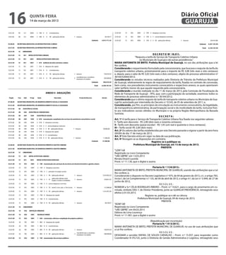16
             Prefeitura Municipal de Guarujá
     quinta-feira
                            ESTADO DE SÃO PAULO
                GABINETE DA PREFEITA                                                                                                       Diário Oficial
                                                                                                                                            GUARUJÁ
              ASSESSORIA ESTRATÉGICA DE GABINETE DO PREFEITO
     14 de março de 2013 – Vila Santo Antonio – Guarujá/SP
            Av. Santos Dumont 800
                     11432-440 - e-mail: gea@guaruja.sp.gov.br
                           Fone: (13) 3308-7000 (PABX)




                                                                                                                    D E C R E T O Nº 10.311.
                                                                                                “Reajusta a tarifa do Serviço de Transporte Coletivo Urbano
                                                                                                    no Município de Guarujá e dá outras providências.”
                                                                         MARIA ANTONIETA DE BRITO, Prefeita Municipal de Guarujá, no uso das atribuições que a lei
                                                                         lhe confere,
                                                                         Considerando o requerimento formulado pela concessionária, que buscava o reajuste da tarifa do
                                                                         transporte coletivo urbano, primeiramente- 3 - o importe de R$ 3,08 (três reais e oito centavos)
                                                                                                                            para
                                                                         e, depois, para o valor de R$ 3,02 (três reais e dois centavos), objeto do processo administrativo nº
                                                                         36164/52644/2012;
                                                                         Considerando os estudos técnicos realizados pela Diretoria de Trânsito da Prefeitura Municipal
                                                                         de Guarujá, relativamente às regras de reajustamento da tarifa, fixadas no contrato de concessão,
                                                                         bem como, nos precedentes instrumento convocatório e respectivos anexos, os quais apontaram
                                                                         valor tarifário menor do que aquele requerido pela concessionária;
                                                                         Considerando a reunião realizada no dia 11 de março de 2013, pela Comissão de Fiscalização da
                                                                         Rede de Transporte de Guarujá – RTG, que, com a participação da sociedade, examinou todos os
                                                                         elementos do processo administrativo n.º 36164/2012;
                                                                         Considerando que o último reajuste da tarifa do transporte coletivo urbano no Município de Gua-
                                                                         rujá foi autorizado por intermédio do Decreto n.º 9.543, de 05 de setembro de 2011; e,
                                                                         Considerando, por fim, os princípios da vinculação ao instrumento convocatório, da legalidade,
                                                                         da transparência administrativa, da participação social e da modicidade da tarifa, inclusive fren-
                                                                         te aos indicadores sociais obtidos no Município e na própria Região Metropolitana da Baixada
                                                                         Santista;
                                                                                                                          DECRETA:
                                                                         Art. 1º A tarifa para o Serviço de Transporte Coletivo Urbano fica fixada nos seguintes valores:
              Prefeitura Municipal de Guarujá                            I - Tarifa sem desconto - R$ 2,90 (dois reais e noventa centavos);
                             ESTADO DE SÃO PAULO                         II - Tarifa com desconto (passe escolar) - R$ 1,45 (um real e quarenta e cinco centavos);
                             GABINETE DA PREFEITA                        III – Tarifa social: R$ 2,00 (dois reais).
              ASSESSORIA ESTRATÉGICA DE GABINETE DO PREFEITO
               Av. Santos Dumont 800 – Vila Santo Antonio – Guarujá/SP   Art. 2º Os valores das tarifas estabelecidas por este Decreto passarão a vigorar a partir da zero hora
                      11432-440 - e-mail: gea@guaruja.sp.gov.br          (00:00) do dia 17 de março de 2013.
                            Fone: (13) 3308-7000 (PABX)                  Art. 3º Este Decreto entra em vigor na data de sua publicação.
                                                                         Art. 4º Revogam-se as disposições em contrário.
                                                                                                                 Registre-se e publique-se.
                                                                                               Prefeitura Municipal de Guarujá, em 13 de março de 2013.
                                                                                                                            PREFEITA
                                                                         “LEIN”/rdl
                                                                         Registrado no Livro Competente
                                                                         “UAE GBPRE”, em 13.03.2013
                                                                         Renata Disaró Lacerda
                                                                         Pront. n.º 11.130, que o digitei e assino

                            -2-                                                                                 Portaria N.º 1134/2013.-
                                                                         MARIA ANTONIETA DE BRITO, PREFEITA MUNICIPAL DE GUARUJÁ, usando das atribuições que a Lei
                                                                         lhe confere; e,
                                                                         Considerando o disposto no Decreto Legislativo n.º 975, de 04 de janeiro de 2013, c/c. o artigo 783,
                                                                         inciso I, da Lei Complementar n.º 135, de 04 de abril de 2012, e artigo 4.º, da Lei n.º 3.949, de 27 de
                                                                         junho de 2012,
                                                                                                                      RESOLVE:
                                                                         NOMEAR a Sr.ª CÉLIA RODRIGUES RIBEIRO – Pront. n.º 14.621, para o cargo de provimento em co-
                                                                         missão, símbolo DAS-1, de Diretor Presidente, junto ao GUARUJÁ PREVIDÊNCIA, retroagindo seus
                                                                         efeitos à 01.03.2013.
                                                                                                       Registre-se, publique-se e dê-se ciência.
                                                                                                Prefeitura Municipal de Guarujá, 04 de março de 2013.
                                                                                                                        PREFEITA
                                                                         “ADM”/dll
                                                                         Registrada no Livro Competente
                                                                         “UAE GBPRE”, em 04.03.2013
                                                                         Débora de Lima Lourenço
                                                                         Pront. n.º 11.901, que a digitei e assino

                                                                                                           (Republicação por incorreção)
                                                                                                             Portaria N.º 1513/2013.-
                                                                         MARIA ANTONIETA DE BRITO, PREFEITA MUNICIPAL DE GUARUJÁ, no uso de suas atribuições que
                                                                         a Lei lhe confere;
                                                                                                                    RESOLVE:
                                                                         DESIGNAR o servidor RAFAEL DE SOUZA CARVALHO – Pront. n.º 15.937, para responder como
                                                                         Coordenador III (FG-S3), junto à Diretoria de Gestão Administrativa e Logística, retroagindo seus
 