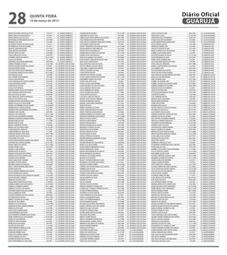 28                         quinta-feira
                           14 de março de 2013
                                                                                                                                                                                                                    Diário Oficial
                                                                                                                                                                                                                     GUARUJÁ
MARIA DAS DORES SANTOS DA COSTA             7/8/1977      E.E. JACINTO NARDUCCI       JOHANN MAFRA DE MELO                      25/12/1999   E.E. JACONIAS LEITE DA SILVA   JESSICA SOUZA DE LIMA                      28/4/1995   E.E. LUCAS NOGUEIRA
MARIA JOSELIA DO NASCIMENTO                 5/4/1973      E.E. JACINTO NARDUCCI       JONATHAN DA COSTA CRUZ                      8/4/1998   E.E. JACONIAS LEITE DA SILVA   JOAO PAULO COLLA                          27/10/1995   E.E. LUCAS NOGUEIRA
MARIA NOELMA LEITE DA SILVA                 7/5/1991      E.E. JACINTO NARDUCCI       JORDAN GOES PAIXAO BARGAS DOS SANTOS       28/6/1995   E.E. JACONIAS LEITE DA SILVA   JONATHAN SOUZA FIGUEIREDO                  22/8/1994   E.E. LUCAS NOGUEIRA
MARISANGELA MANGABEIRA BACELAR             10/3/1994      E.E. JACINTO NARDUCCI       JOSE ANDERSON DE LIMA MONTEIRO             6/10/1995   E.E. JACONIAS LEITE DA SILVA   KAIQUE SILVA DO NASCIMENTO                  4/6/2000   E.E. LUCAS NOGUEIRA
ROANGELA DA SILVA                           2/3/1984      E.E. JACINTO NARDUCCI       JOSE CARLOS DE MORAES CAVALCANTE JUNIOR    22/6/1997   E.E. JACONIAS LEITE DA SILVA   LAURA BOAVENTURA ALMEIDA NETA               2/2/1996   E.E. LUCAS NOGUEIRA
ROSANGELA SANTOS DE ARAUJO LIMA             1/5/1977      E.E. JACINTO NARDUCCI       JULIO RAMOS LEMOS DA SILVA                  1/4/1997   E.E. JACONIAS LEITE DA SILVA   ALICE CARDIAL SANTOS                       1/10/1996     E.E. MARCILIO DIAS
ROSEMEIRE DA CRUZ REIS TAVARES              3/1/1971      E.E. JACINTO NARDUCCI       KAIANY FERNANDES LEOCADIO DE SOUZA        14/11/2000   E.E. JACONIAS LEITE DA SILVA   ANDRESSA PEREIRA LIMA                       2/5/1998     E.E. MARCILIO DIAS
SARA DE LISBOA BRASILEIRO                  31/7/1973      E.E. JACINTO NARDUCCI       KAIQUE MATHEUS OJEDA MACEDO                15/4/1994   E.E. JACONIAS LEITE DA SILVA   ANGELICA VICENTE DE LIMA                   10/1/1994     E.E. MARCILIO DIAS
SILVIA MILENA IAGO RAMOS                   15/8/1999      E.E. JACINTO NARDUCCI       KAIQUE SOUSA VASCONCELOS                    8/2/1999   E.E. JACONIAS LEITE DA SILVA   BIANCA CARVALHO DA SILVA MUNIZ              3/1/1996     E.E. MARCILIO DIAS
STEFANY MATO DA SILVA                      27/5/2003      E.E. JACINTO NARDUCCI       KARINA ARAUJO SANTOS DE SANTANA           16/11/1995   E.E. JACONIAS LEITE DA SILVA   GABRIELLE DOS PASSOS BISPO                  5/2/1997     E.E. MARCILIO DIAS
THALIA ARAUJO DE CASTRO                    22/9/1997      E.E. JACINTO NARDUCCI       KARINE SOUSA VASCONCELOS                   23/7/2001   E.E. JACONIAS LEITE DA SILVA   GUSTAVO FALANGA DE SOUZA                  17/12/1996     E.E. MARCILIO DIAS
THAMIRES FREITAS DE ARAUJO                20/12/1994      E.E. JACINTO NARDUCCI       KATELIN DE AQUINO CAJE SANTOS              4/10/2000   E.E. JACONIAS LEITE DA SILVA   IGOR FERNANDES DA SILVA                    22/7/1997     E.E. MARCILIO DIAS
THIAGO LUIS BUENO                           9/1/1984      E.E. JACINTO NARDUCCI       KATIE KAUANY CAVALCANTE SANTOS LIMA         4/4/1996   E.E. JACONIAS LEITE DA SILVA   IZABEL MARIA ALMEIDA LIMA                   4/5/1997     E.E. MARCILIO DIAS
WANDERLEI DE OLIVEIRA BERNARDES            30/9/1969      E.E. JACINTO NARDUCCI       KAUE SOUSA VASCONCELOS                     16/2/1997   E.E. JACONIAS LEITE DA SILVA   JOSE GRACINDO ARRUDA DE SOUZA               3/6/1996     E.E. MARCILIO DIAS
ADRIELE PINHEIRO DA SILVA                  2/12/1994   E.E. JACONIAS LEITE DA SILVA   KEILA KAROLINA SOUSA DA COSTA              7/11/1997   E.E. JACONIAS LEITE DA SILVA   JOYCE CRUZ DE CERQUEIRA                    29/1/1998     E.E. MARCILIO DIAS
AGHATA CRISTINE RUFINO DOS SANTOS           5/2/2001   E.E. JACONIAS LEITE DA SILVA   KEITTELY MIKAELY DA SILVA GRILLO           25/6/2001   E.E. JACONIAS LEITE DA SILVA   KAMILLA CRISTINA MELLO DE OLIVEIRA          4/2/1996     E.E. MARCILIO DIAS
ALAN ELEOTERIO SANTOS                       8/9/1998   E.E. JACONIAS LEITE DA SILVA   LAISE DAELLA RAMOS DOS SANTOS               5/2/1997   E.E. JACONIAS LEITE DA SILVA   LAYS RIBEIRO LEITE                         26/3/1997     E.E. MARCILIO DIAS
ALEF DOS SANTOS SILVA FERNANDES             9/7/2001   E.E. JACONIAS LEITE DA SILVA   LARYSSA CALDEIRA DA SILVA                  19/1/1999   E.E. JACONIAS LEITE DA SILVA   TALISON RAMOS DOS SANTOS                   28/3/1996     E.E. MARCILIO DIAS
ALESSANDRA APARECIDA DOS SANTOS           20/12/2001   E.E. JACONIAS LEITE DA SILVA   LAURA FREITAS BATISTA                      14/4/2001   E.E. JACONIAS LEITE DA SILVA   TAYNA HELENA DE MELO RAMOS                 10/4/1997     E.E. MARCILIO DIAS
ALEX MACEDO ALVES                           3/3/1998   E.E. JACONIAS LEITE DA SILVA   LEANDRO DOS SANTOS OLIVEIRA                13/5/2000   E.E. JACONIAS LEITE DA SILVA   ANA CAROLINA DO NASCIMENTO SUCUPIRA        20/8/1996   E.E. MARECHAL DO AR
ALEX SANDRO SILVA BARBOSA                   4/5/1999   E.E. JACONIAS LEITE DA SILVA   LETICIA ARAUJO SANTOS DE SANTANA          16/11/1995   E.E. JACONIAS LEITE DA SILVA   BIANCA DE OLIVEIRA PAIXAO                   3/9/1999   E.E. MARECHAL DO AR
ALEXIA OJEDA MACEDO                        9/12/1997   E.E. JACONIAS LEITE DA SILVA   LINDEMBERG SANTOS DE SOUZA                 13/1/1995   E.E. JACONIAS LEITE DA SILVA   EMILLYN MUNIZ SILVA                        6/12/1996   E.E. MARECHAL DO AR
ALICE CONCEIÇAO DE CAMPOS SANTOS           18/4/1996   E.E. JACONIAS LEITE DA SILVA   LOUISE LIMA LOPES SILVA                     1/6/2001   E.E. JACONIAS LEITE DA SILVA   GABRIEL DA QUADRA LIMA                     27/8/1997   E.E. MARECHAL DO AR
ALICIA ELEOTERIO SANTOS                    27/5/1997   E.E. JACONIAS LEITE DA SILVA   LUANA LAIS DE SOUSA BORGES                  8/3/1996   E.E. JACONIAS LEITE DA SILVA   GABRIEL GUSTAVO DOS SANTOS XAVIER          27/3/2000   E.E. MARECHAL DO AR
ALINE INACIO DA SILVA                      16/3/1996   E.E. JACONIAS LEITE DA SILVA   LUANA MACEDO DA SILVA DE PONTES            15/2/1998   E.E. JACONIAS LEITE DA SILVA   GABRIELA BARBOSA DE OLIVEIRA               30/6/1998   E.E. MARECHAL DO AR
ALLAN COSTA MARÇAL                         17/1/2000   E.E. JACONIAS LEITE DA SILVA   LUCAS AZEVEDO LIRA DA SILVA                21/2/1997   E.E. JACONIAS LEITE DA SILVA   HADASSA SATICO NASCIMENTO                   3/3/2001   E.E. MARECHAL DO AR
AMANDA MARIA SOUZA DOS SANTOS               6/3/1998   E.E. JACONIAS LEITE DA SILVA   LUCAS FERREIRA DE OLIVEIRA                  2/4/2001   E.E. JACONIAS LEITE DA SILVA   JESSICA FAUSTINO LIMA                      18/5/1992   E.E. MARECHAL DO AR
ANA CAROLINA SANTOS DE SOUZA               14/5/1996   E.E. JACONIAS LEITE DA SILVA   LUCAS OLIVEIRA DOS SANTOS                   7/1/1998   E.E. JACONIAS LEITE DA SILVA   LETICIA DO NASCIMENTO COELHO               27/3/1996   E.E. MARECHAL DO AR
ANA LUCIA SILVA DE JESUS                   29/8/1984   E.E. JACONIAS LEITE DA SILVA   LUCAS SANTOS DE SOUZA                      9/12/1997   E.E. JACONIAS LEITE DA SILVA   LEVI BATISTA SANTOS                        17/4/1998   E.E. MARECHAL DO AR
ANA SARAH DOS SANTOS RODRIGUES             5/11/2001   E.E. JACONIAS LEITE DA SILVA   LUIZ PAULO LIMA DOS SANTOS                 5/10/1993   E.E. JACONIAS LEITE DA SILVA   LUIZ CORDEIRO PESSOA                       19/8/1992   E.E. MARECHAL DO AR
ANALICE DOS SANTOS SILVA                   10/6/2000   E.E. JACONIAS LEITE DA SILVA   MAIARA COSTA FEITOSA FERREIRA              29/4/1996   E.E. JACONIAS LEITE DA SILVA   MARCOS PAULA SAVIO MAIA                     4/6/1996   E.E. MARECHAL DO AR
ANDERSON RENAN SILVESTRE DA SILVA           5/2/1996   E.E. JACONIAS LEITE DA SILVA   MAIARA DE MEDEIROS SANTOS                   3/8/1997   E.E. JACONIAS LEITE DA SILVA   MILENA BRAGA ROZENDO                      19/12/1997   E.E. MARECHAL DO AR
ANDRE DOUGLAS DA SILVA FREIRE              17/3/1998   E.E. JACONIAS LEITE DA SILVA   MANOEL JOAO MUNIZ FERNANDES                10/2/1997   E.E. JACONIAS LEITE DA SILVA   PEDRO SILVA FREIRE                         22/6/2000   E.E. MARECHAL DO AR
ANDRE LUIZ FERREIRA ESTACIO JUNIOR        23/10/2000   E.E. JACONIAS LEITE DA SILVA   MARCIO DA SILVA                            25/5/1995   E.E. JACONIAS LEITE DA SILVA   ROGERIO ARAUJO SILVA                      30/12/1995   E.E. MARECHAL DO AR
ANDRESSA DOS SANTOS OLIVEIRA               21/2/1992   E.E. JACONIAS LEITE DA SILVA   MARCOS ANTONIO DA COSTA                    23/8/1995   E.E. JACONIAS LEITE DA SILVA   VICTOR CARLOS DA CRUZ DOS RAMOS           25/11/1997   E.E. MARECHAL DO AR
ANDREZA EVELLYN RODRIGUES DE OLIVEIRA      23/6/1997   E.E. JACONIAS LEITE DA SILVA   MARIA CAROLINA MATIAS DA SILVA             28/8/2001   E.E. JACONIAS LEITE DA SILVA   VICTORIA DA SILVA VILELA                  20/12/1997   E.E. MARECHAL DO AR
ANDREZA GOES DE LIMA                       23/9/1995   E.E. JACONIAS LEITE DA SILVA   MARIA CAROLINA OJEDA MACEDO                 4/7/2000   E.E. JACONIAS LEITE DA SILVA   ALESSANDRO JOSE DA SILVA                  22/11/1997   E.E. MIGUEL ESTEFANO
ANGELICA DA CONCEIÇAO                     20/12/1980   E.E. JACONIAS LEITE DA SILVA   MARIANA BARBOSA DE OLIVEIRA SILVA          12/3/1995   E.E. JACONIAS LEITE DA SILVA   AMANDA APARECIDA SANTOS DA SILVA           29/2/1996   E.E. MIGUEL ESTEFANO
AUGUSTO DO NASCIMENETO PEREIRA            19/10/1996   E.E. JACONIAS LEITE DA SILVA   MARINALVA MENDONÇA DOS SANTOS             16/12/2000   E.E. JACONIAS LEITE DA SILVA   AMANDA SOUZA DE OLIVEIRA                   6/2/1996    E.E. MIGUEL ESTEFANO
BARBARA GIOVANNA LOMBARDI FARIAS            6/6/2001   E.E. JACONIAS LEITE DA SILVA   MATEUS CHAGAS SANTOS                        4/9/2000   E.E. JACONIAS LEITE DA SILVA   ANA CRISTINA FIGUEIREDO FERREIRA           7/10/2000   E.E. MIGUEL ESTEFANO
BEATRIZ DINIZ DA SILVA                     11/1/1998   E.E. JACONIAS LEITE DA SILVA   MATHEUS LIMA MOREIRA                      27/10/1999   E.E. JACONIAS LEITE DA SILVA   ANA PAULA PEREIRA FRANCISCO                22/9/1998   E.E. MIGUEL ESTEFANO
BEATRIZ SANTOS SILVA                        5/1/2001   E.E. JACONIAS LEITE DA SILVA   MATHEUS MOURA BISPO                        17/8/1995   E.E. JACONIAS LEITE DA SILVA   ANDERSON DUTRA RODRIGUES                  21/10/1996   E.E. MIGUEL ESTEFANO
BIANCA GUIMARAES SANTOS                    31/8/2000   E.E. JACONIAS LEITE DA SILVA   MATHEUS RODRIGUES DE AGUIAR                10/4/1999   E.E. JACONIAS LEITE DA SILVA   ANDRESSA MELO DA SILVA                     13/4/1999   E.E. MIGUEL ESTEFANO
BRUNO LUIZ COUTINHO JORGE                 31/10/1997   E.E. JACONIAS LEITE DA SILVA   MAURICIO CUSTODIO DA SILVA                 16/9/1996   E.E. JACONIAS LEITE DA SILVA   ANTONIA NILZA SANTOS PEREIRA              27/10/1968   E.E. MIGUEL ESTEFANO
CAREN GERALDO CARVALHO                     4/12/2002   E.E. JACONIAS LEITE DA SILVA   MAURICIO DA SILVA PEREIRA                  25/9/1996   E.E. JACONIAS LEITE DA SILVA   BIANCA SIQUEIRA DE AMARAL                  29/9/1996   E.E. MIGUEL ESTEFANO
CARMO PEREIRA DA SILVA NETO                 7/1/1995   E.E. JACONIAS LEITE DA SILVA   MICHELE REGINA DA SILVA                     6/4/1995   E.E. JACONIAS LEITE DA SILVA   BRENDA DE SOUSA ARAUJO ALVES              12/12/2000   E.E. MIGUEL ESTEFANO
CAROLINA MOURA CAVALCANTE                 18/12/1999   E.E. JACONIAS LEITE DA SILVA   MILLENA MAILA DA SILVA                     12/4/2002   E.E. JACONIAS LEITE DA SILVA   BRUNA EDUARDA NUNES DE OLIVEIRA           12/12/1996   E.E. MIGUEL ESTEFANO
CAROLINE SOUZA VASCONCELOS                 25/2/1995   E.E. JACONIAS LEITE DA SILVA   NATALIA PEREIRA DOS SANTOS                  9/2/2000   E.E. JACONIAS LEITE DA SILVA   CARLA ARAUJO DE OLIVEIRA                   28/7/1997   E.E. MIGUEL ESTEFANO
CATIA NUNES DE SOUSA                        2/6/1981   E.E. JACONIAS LEITE DA SILVA   NAYARA MARIANO GUIMARAES DA SILVA           7/2/2000   E.E. JACONIAS LEITE DA SILVA   DENILSON DA SILVA COSTA                    26/3/1997   E.E. MIGUEL ESTEFANO
CHRISTOPHER MATHEUS SILVEIRA DOS SANTOS     4/2/1998   E.E. JACONIAS LEITE DA SILVA   PABLO SILVA RIBEIRO                         1/2/2001   E.E. JACONIAS LEITE DA SILVA   DIEGO DOS SANTOS                           17/7/1999   E.E. MIGUEL ESTEFANO
CRISTIANE DOS SANTOS OLIVEIRA             22/12/1991   E.E. JACONIAS LEITE DA SILVA   PALOMA MACEDO DA SILVA PONTES              12/8/2000   E.E. JACONIAS LEITE DA SILVA   DOMINGAS CONCEIÇAO SILVA                   5/9/1982    E.E. MIGUEL ESTEFANO
DANIEL VIEIRA DOS SANTOS                  30/11/2000   E.E. JACONIAS LEITE DA SILVA   PAMELLA DA SILVA SOARES                     8/8/2001   E.E. JACONIAS LEITE DA SILVA   ESTHEFANNY SAMPAIO BULHOES CARDOSO         20/6/1998   E.E. MIGUEL ESTEFANO
DANIELA MAIRA ALVES                        26/2/1997   E.E. JACONIAS LEITE DA SILVA   PEDRO FABRICIO BERNARDO DA SILVA            6/2/1998   E.E. JACONIAS LEITE DA SILVA   FRANCILENE DA SILVA                        25/4/1999   E.E. MIGUEL ESTEFANO
DANIELLA LIMA MOREIRA                       2/3/2001   E.E. JACONIAS LEITE DA SILVA   PEDRO HENRIQUE DE SOUZA                     9/5/1998   E.E. JACONIAS LEITE DA SILVA   GABRIELLY DOS SANTOS SILVA FERNANDES       11/7/1996   E.E. MIGUEL ESTEFANO
DEBORA ALVES DE ARAUJO                     29/7/1994   E.E. JACONIAS LEITE DA SILVA   RAIANA SARA RODRIGUES DE ARAUJO             8/9/2000   E.E. JACONIAS LEITE DA SILVA   GLECIO SILVA DE OLIVEIRA                  31/10/1996   E.E. MIGUEL ESTEFANO
DEBORA GONÇALVES DOS SANTOS                13/5/1993   E.E. JACONIAS LEITE DA SILVA   RAISSA RODRIGUES DE ARAUJO                 11/2/1999   E.E. JACONIAS LEITE DA SILVA   GUILHERME GALVAO ALVES                     22/9/2000   E.E. MIGUEL ESTEFANO
DEBORA SOUSA DOS SANTOS SILVA              10/2/1977   E.E. JACONIAS LEITE DA SILVA   RAPHAELA DE OLIVEIRA SANTOS                 4/2/1998   E.E. JACONIAS LEITE DA SILVA   GUSTAVO HENRIQUE ALVES DE LIMA            30/11/1998   E.E. MIGUEL ESTEFANO
DEISIANE SOUZA MENDES                      17/7/2001   E.E. JACONIAS LEITE DA SILVA   RENATO DA SILVA PINTO                     11/11/1994   E.E. JACONIAS LEITE DA SILVA   HENRIQUE OLIVEIRA DOS SANTOS              14/11/1996   E.E. MIGUEL ESTEFANO
DILMA CAVALCANTE JARONES                   10/5/1999   E.E. JACONIAS LEITE DA SILVA   RHILACY OHANNI RODRIGUES E SILVA           17/2/1997   E.E. JACONIAS LEITE DA SILVA   JADNA CAVALCANTE BEZERRA                   5/4/1977    E.E. MIGUEL ESTEFANO
EDUARDO DA SILVA SANTOS                   31/10/1997   E.E. JACONIAS LEITE DA SILVA   ROSANGELA CELESTINO DOS SANTOS              2/1/1976   E.E. JACONIAS LEITE DA SILVA   JILMAX OLIVEIRA DA MOTA                    2/9/1997    E.E. MIGUEL ESTEFANO
EDUARDO GERALDO CARVALHO                   26/3/2000   E.E. JACONIAS LEITE DA SILVA   RUAN DOS SANTOS SABINO                    21/10/2000   E.E. JACONIAS LEITE DA SILVA   JOYCE SANTOS DE CARVALHO                   22/1/1998   E.E. MIGUEL ESTEFANO
EMILLY JOANA ANDRADE MANTOVANI              4/2/2001   E.E. JACONIAS LEITE DA SILVA   SABRINA GOES PAIXAO BARGAS DOS SANTOS      19/1/1999   E.E. JACONIAS LEITE DA SILVA   JULIANA SAMPAIO BULHOES CARDOSO            25/1/2000   E.E. MIGUEL ESTEFANO
ESTHER CRUZ SILVA                          14/4/2000   E.E. JACONIAS LEITE DA SILVA   SABRINA LIMA DA SILVA                      19/4/2000   E.E. JACONIAS LEITE DA SILVA   JULIO CEZAR SILVA SANTOS JUNIOR           15/12/1999   E.E. MIGUEL ESTEFANO
FELIPE PERRONE FERREIRA DOS SANTOS         15/2/2001   E.E. JACONIAS LEITE DA SILVA   SILVIO IDALINO GOMES NETO                  7/11/1996   E.E. JACONIAS LEITE DA SILVA   LAILSON SILVA DO NASCIMENTO                20/2/2000   E.E. MIGUEL ESTEFANO
FELIPE PINHEIRO DOS SANTOS                 17/2/1996   E.E. JACONIAS LEITE DA SILVA   STEFANY LEOPOLDINO DE OLIVEIRA             25/5/1995   E.E. JACONIAS LEITE DA SILVA   LETICIA SANTOS DAMIAO                      12/5/1997   E.E. MIGUEL ESTEFANO
FELIPE VASCONCELOS DOS SANTOS DE AQUINO    15/5/1999   E.E. JACONIAS LEITE DA SILVA   STEFANY SILVA DOS SANTOS                   29/9/2001   E.E. JACONIAS LEITE DA SILVA   LUCINEIDE JOSEFA DOS REIS                  1/1/1974    E.E. MIGUEL ESTEFANO
FELIPPE ROSARIO CARNEIRO                  24/11/1996   E.E. JACONIAS LEITE DA SILVA   SUELEN MARTINS DA SILVA                     1/3/1999   E.E. JACONIAS LEITE DA SILVA   LUIGY MICAELO DA SILVA REIS               20/12/1997   E.E. MIGUEL ESTEFANO
FRANCIELE FELIX DA SILVA                   23/1/1998   E.E. JACONIAS LEITE DA SILVA   TAINARA DE JESUS                           28/4/1998   E.E. JACONIAS LEITE DA SILVA   LUIZ FELIPE AUGUSTO                        20/8/1996   E.E. MIGUEL ESTEFANO
FRANCILENE VITORIA FELIX DA SILVA          2/10/2000   E.E. JACONIAS LEITE DA SILVA   TAIS DE ALMEIDA                            16/5/1996   E.E. JACONIAS LEITE DA SILVA   LUIZ HENRIQUE FREIRE CAETANO               3/8/1995    E.E. MIGUEL ESTEFANO
GABRIELA MARIA ALVES DOS SANTOS           23/10/1996   E.E. JACONIAS LEITE DA SILVA   TARCISIO LUIZ DOS SANTOS                   25/5/1997   E.E. JACONIAS LEITE DA SILVA   MANOEL MESSIAS DOS SANTOS SILVA            14/4/1998   E.E. MIGUEL ESTEFANO
GABRIELLA FERREIRA SAMPAIO                26/11/2000   E.E. JACONIAS LEITE DA SILVA   TARCISIO VANDERLEI EVANGELISTA             20/4/1997   E.E. JACONIAS LEITE DA SILVA   MARCIA BETANIA COSTA FERNANDES            23/10/1996   E.E. MIGUEL ESTEFANO
GABRIELLE ESTEVES DOS SANTOS               23/6/2001   E.E. JACONIAS LEITE DA SILVA   TCHARLLANY TCHARLLEY PEREIRA DA SILVA      22/2/1998   E.E. JACONIAS LEITE DA SILVA   MARIA BEATRIS COSTA FERNANDES             26/11/1995   E.E. MIGUEL ESTEFANO
GIOVANNA MARIA ALVES DE OLIVEIRA            1/1/2001   E.E. JACONIAS LEITE DA SILVA   THAINA VITORINO MIRANDA                    13/9/1997   E.E. JACONIAS LEITE DA SILVA   MATEUS BARBOSA FREIRE                     28/11/2000   E.E. MIGUEL ESTEFANO
GIULIA DOMINGUES SPURI                      5/9/1999   E.E. JACONIAS LEITE DA SILVA   THAINARA DA SILVA SANTANA                  29/2/2000   E.E. JACONIAS LEITE DA SILVA   MATEUS SANTOS OLIVEIRA                     17/2/1999   E.E. MIGUEL ESTEFANO
GUSTAVO HENRIQUE DA CRUZ ARAUJO            28/9/2000   E.E. JACONIAS LEITE DA SILVA   THAIS FERNANDA DA SILVA NEVES               1/3/1997   E.E. JACONIAS LEITE DA SILVA   MATHEUS DE SANTANA SALES                   12/5/1996   E.E. MIGUEL ESTEFANO
GUSTAVO ROCHA FEITOSA                     19/12/1995   E.E. JACONIAS LEITE DA SILVA   THALITA ALBUQUERQUE SILVA                  26/3/1997   E.E. JACONIAS LEITE DA SILVA   MICHELE DE SOUSA ARAUJO ALVES              13/5/1999   E.E. MIGUEL ESTEFANO
HEBERT CASSIANO DE OLIVEIRA                20/8/1995   E.E. JACONIAS LEITE DA SILVA   TONY CLAY FERREIRA BARBOSA                 17/7/1996   E.E. JACONIAS LEITE DA SILVA   MICHELLE IRACI DA SILVA                    17/9/1999   E.E. MIGUEL ESTEFANO
HELOIZA DE JESUS BRITO                      1/3/1998   E.E. JACONIAS LEITE DA SILVA   VICTOR ANDRADE DANTAS                      13/7/2000   E.E. JACONIAS LEITE DA SILVA   MILENA ALVES SANTOS                        22/7/1998   E.E. MIGUEL ESTEFANO
HENRIQUE DA SILVA ROCHA                   19/12/1998   E.E. JACONIAS LEITE DA SILVA   VICTOR HUGO DO REGO NASCIMENTO             23/6/1998   E.E. JACONIAS LEITE DA SILVA   MYKAEL ROCARDO DO NASCIMENTO BARBOSA       8/9/1995    E.E. MIGUEL ESTEFANO
HENRIQUE DE MELO DUARTE FERREIRA           1/12/1999   E.E. JACONIAS LEITE DA SILVA   VINICIUS ANTONIO SILVA DOS SANTOS          13/6/1998   E.E. JACONIAS LEITE DA SILVA   ROBSON EDGARD AUGUSTO DOS SANTOS           21/3/1999   E.E. MIGUEL ESTEFANO
HERIKA SILVA DE LIMA                       21/2/1995   E.E. JACONIAS LEITE DA SILVA   VINICIUS DE JESUS DA SILVA                 13/9/1999   E.E. JACONIAS LEITE DA SILVA   ROMULO MIKAEL OLIVEIRA DE LIMA             4/9/1995    E.E. MIGUEL ESTEFANO
HEULLER DE OLIVEIRA PEDRA                  12/6/1995   E.E. JACONIAS LEITE DA SILVA   VITORIA DE ALMEIDA VIEIRA                   1/4/1997   E.E. JACONIAS LEITE DA SILVA   ROSANA SOARES DA SILVA                     7/4/1998    E.E. MIGUEL ESTEFANO
ICARO HENRIQUE CRUZ SILVA                  26/6/1996   E.E. JACONIAS LEITE DA SILVA   VITORIA MARIA SANTOS DOS REIS              14/9/2001   E.E. JACONIAS LEITE DA SILVA   THAYNA ALVES DA SILVA                      30/8/1997   E.E. MIGUEL ESTEFANO
IGOR FERNANDO FERREIRA ALVES PESSOA        3/5/1996    E.E. JACONIAS LEITE DA SILVA   WALISSON LIMA GOMES                        17/3/2001   E.E. JACONIAS LEITE DA SILVA   TIAGO MENDONÇA DOS SANTOS ABREU            18/1/1997   E.E. MIGUEL ESTEFANO
INGRID APARECIDA DA SILVA SARAIVA         16/10/2001   E.E. JACONIAS LEITE DA SILVA   WERLEY COSME TERNOVI                       25/9/2000   E.E. JACONIAS LEITE DA SILVA   VALERIA CRISTINA APARECIDA DOS SANTOS     23/10/1992   E.E. MIGUEL ESTEFANO
INGRID DA SILVA MARTINS                   17/5/2001    E.E. JACONIAS LEITE DA SILVA   WESLEY GUIMARÃES EVANGELISTA               1/12/1998   E.E. JACONIAS LEITE DA SILVA   VALESCA SANTOS SANTANA                     20/7/1996   E.E. MIGUEL ESTEFANO
INGRID DE LIMA NOGUEIRA                   24/5/2001    E.E. JACONIAS LEITE DA SILVA   WILLIAN RAFAEL PEREIRA CUNHA               23/3/1997   E.E. JACONIAS LEITE DA SILVA   VANESSA DA SILVA MEDINA                    22/8/1994   E.E. MIGUEL ESTEFANO
IVANILDA DA SILVA NEVES                    9/6/1993    E.E. JACONIAS LEITE DA SILVA   WINDSON LIRA SANTOS DE ALMEIDA             20/8/1998   E.E. JACONIAS LEITE DA SILVA   VERONICA DA CRUZ DE JONG                  11/11/1999   E.E. MIGUEL ESTEFANO
JAILANE DA SILVA PINTO                    11/2/1998    E.E. JACONIAS LEITE DA SILVA   YANCA VITORINO MIRANDA                      2/4/1996   E.E. JACONIAS LEITE DA SILVA   VITOR BATISTA DE OLIVEIRA DE LIMA          22/8/2000   E.E. MIGUEL ESTEFANO
JAINE FERREIRA PEREIRA DA SILVA            6/4/2000    E.E. JACONIAS LEITE DA SILVA   YURI SOUZA DE PAULA                        29/3/2000   E.E. JACONIAS LEITE DA SILVA   VITORIA CAROLINE OLIVEIRA DOS SANTOS       9/4/1999    E.E. MIGUEL ESTEFANO
JAQUELINE SOUZA DE JESUS                  20/3/1999    E.E. JACONIAS LEITE DA SILVA   YURI FREIRE OLIVEIRA SILVA                16/10/2000         E.E. JOSE CAVARIANI      VITORIA VERONICA DOS SANTOS GOMES          23/2/2000   E.E. MIGUEL ESTEFANO
JEFERSON MOREIRA SILVA                     5/8/1995    E.E. JACONIAS LEITE DA SILVA   DAVID DOS SANTOS SILVA                    12/12/1997        E.E. LUCAS NOGUEIRA       ADRIELI ANDRADE DOS SANTOS                 3/2/1997     E.E. MILTON BORGES
JESSICA DE CAMPOS ALMEIDA                  7/9/1996    E.E. JACONIAS LEITE DA SILVA   EMERSON DOS SANTOS ALVES                   1/2/1998         E.E. LUCAS NOGUEIRA       ANA LUCIA DA SILVA DO ESPIRITO SANTO      20/4/1996     E.E. MILTON BORGES
JESSICA MARTINS DA SILVA                  13/5/1995    E.E. JACONIAS LEITE DA SILVA   HENRIQUE SOUSA DE MORAES                   5/5/1997         E.E. LUCAS NOGUEIRA       ANA NICOLI MENEZES                        21/2/2001     E.E. MILTON BORGES
JHENIFER MOREIRA DOS SANTOS               15/7/1997    E.E. JACONIAS LEITE DA SILVA   JAQUELINE TEIXEIRA OLIVEIRA                7/6/1997         E.E. LUCAS NOGUEIRA       ANA PAULA DE SENA ALVES MACHADO           18/3/1997     E.E. MILTON BORGES
JOAO VITOR PEREIRA DA CRUZ SILVA           6/9/1997    E.E. JACONIAS LEITE DA SILVA   JESSICA DE JESUS SOUZA                     22/1/1998        E.E. LUCAS NOGUEIRA       ANA PAULA DE SOUZA SILVA                   1/9/1998     E.E. MILTON BORGES
 