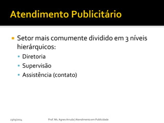  Setor mais comumente dividido em 3 níveis
hierárquicos:
 Diretoria
 Supervisão
 Assistência (contato)
23/03/2014 Prof. Ms. Agnes Arruda | Atendimento em Publicidade
 