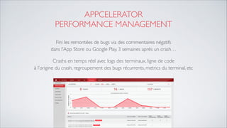 APPCELERATOR 
PERFORMANCE MANAGEMENT
Fini les remontées de bugs via des commentaires négatifs 
dans l’App Store ou Google Play, 3 semaines après un crash…	

Crashs en temps réel avec logs des terminaux, ligne de code 
à l’origine du crash, regroupement des bugs récurrents, metrics du terminal, etc
 