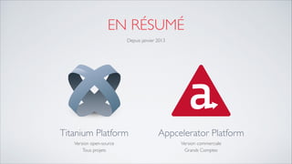 EN RÉSUMÉ
Titanium Platform 
Version open-source 
Tous projets
Appcelerator Platform 
Version commerciale 
Grands Comptes
Depuis janvier 2013
 