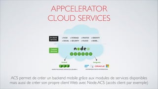 APPCELERATOR 
CLOUD SERVICES
ACS permet de créer un backend mobile grâce aux modules de services disponibles 
mais aussi de créer son propre client Web avec Node.ACS (accès client par exemple)
 