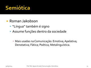  Roman Jakobson
 “Língua” também é signo
 Assume funções dentro da sociedade
▪ Mais usadas na Comunicação: Emotiva; Apelativa;
Denotativa; Fática; Poética; Metalinguística.
Prof. Ms. Agnes Arruda | Comunicação e Semiótica31/03/2014 11
 