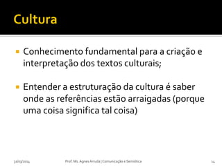  Conhecimento fundamental para a criação e
interpretação dos textos culturais;
 Entender a estruturação da cultura é saber
onde as referências estão arraigadas (porque
uma coisa significa tal coisa)
Prof. Ms. Agnes Arruda | Comunicação e Semiótica31/03/2014 14
 