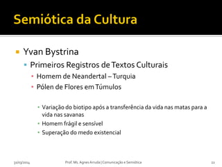  Yvan Bystrina
 Primeiros Registros deTextos Culturais
▪ Homem de Neandertal –Turquia
▪ Pólen de Flores emTúmulos
▪ Variação do biotipo após a transferência da vida nas matas para a
vida nas savanas
▪ Homem frágil e sensível
▪ Superação do medo existencial
31/03/2014 Prof. Ms. Agnes Arruda | Comunicação e Semiótica 22
 