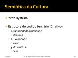  Yvan Bystrina
 Estrutura do código terciário (Criativo)
 1. Binariedade/Dualidade
▪ Oposição
 2. Polaridade
▪ Valor
 3. Assimetria
▪ Peso
Prof. Ms. Agnes Arruda | Comunicação e Semiótica31/03/2014 26
 