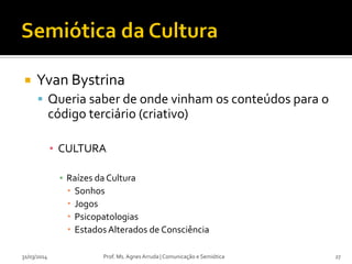 Yvan Bystrina
 Queria saber de onde vinham os conteúdos para o
código terciário (criativo)
▪ CULTURA
▪ Raízes da Cultura
 Sonhos
 Jogos
 Psicopatologias
 EstadosAlterados de Consciência
Prof. Ms. Agnes Arruda | Comunicação e Semiótica31/03/2014 27
 