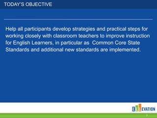 TODAY’S OBJECTIVE
Help all participants develop strategies and practical steps for
working closely with classroom teachers to improve instruction
for English Learners, in particular as Common Core State
Standards and additional new standards are implemented.
2
 