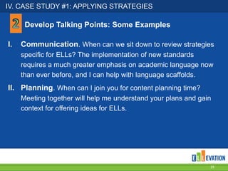 IV. CASE STUDY #1: APPLYING STRATEGIES
29
Develop Talking Points: Some Examples
I. Communication. When can we sit down to review strategies
specific for ELLs? The implementation of new standards
requires a much greater emphasis on academic language now
than ever before, and I can help with language scaffolds.
II. Planning. When can I join you for content planning time?
Meeting together will help me understand your plans and gain
context for offering ideas for ELLs.
 