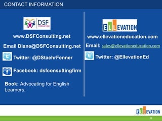 CONTACT INFORMATION
38
www.DSFConsulting.net
Twitter: @DStaehrFenner
Facebook: dsfconsultingfirm
Email Diane@DSFConsulting.net
www.ellevationeducation.com
Twitter: @EllevationEd
Email: sales@ellevationeducation.com
Book: Advocating for English
Learners.
 